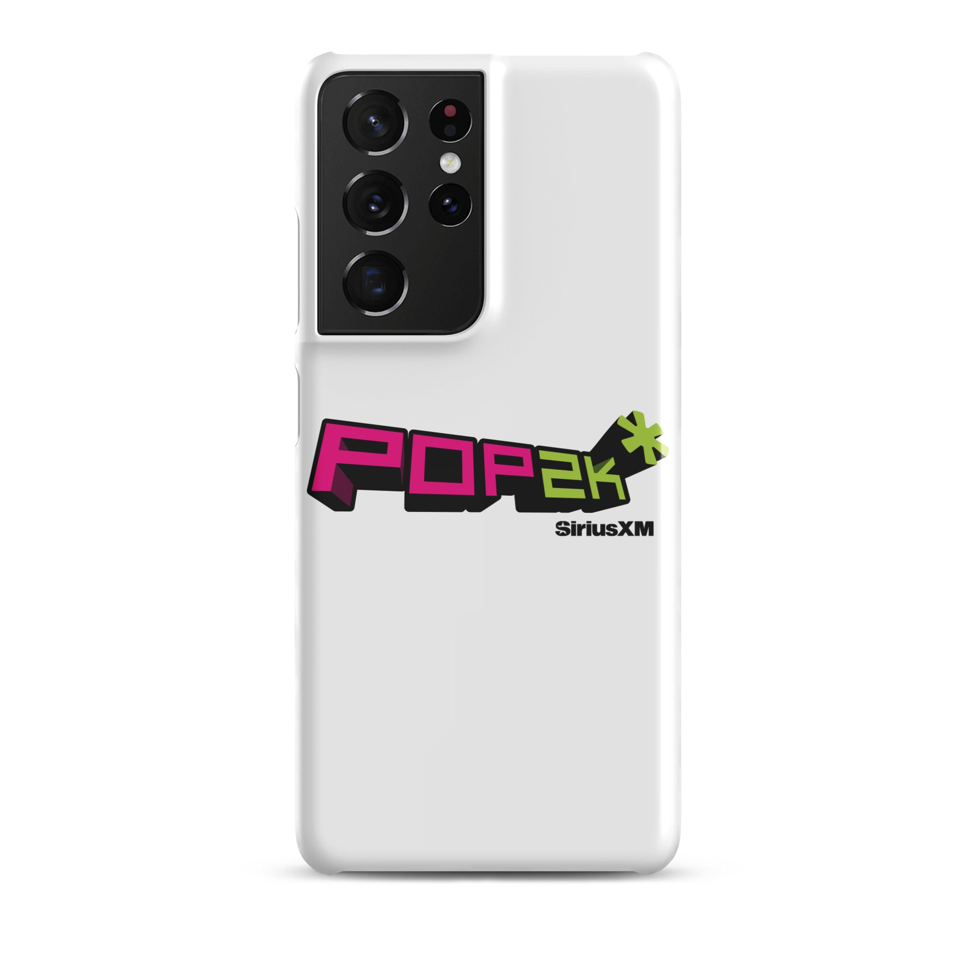 White phone case featuring the 'POP2K' logo with 'SiriusXM' branding in bold pink and green colors.