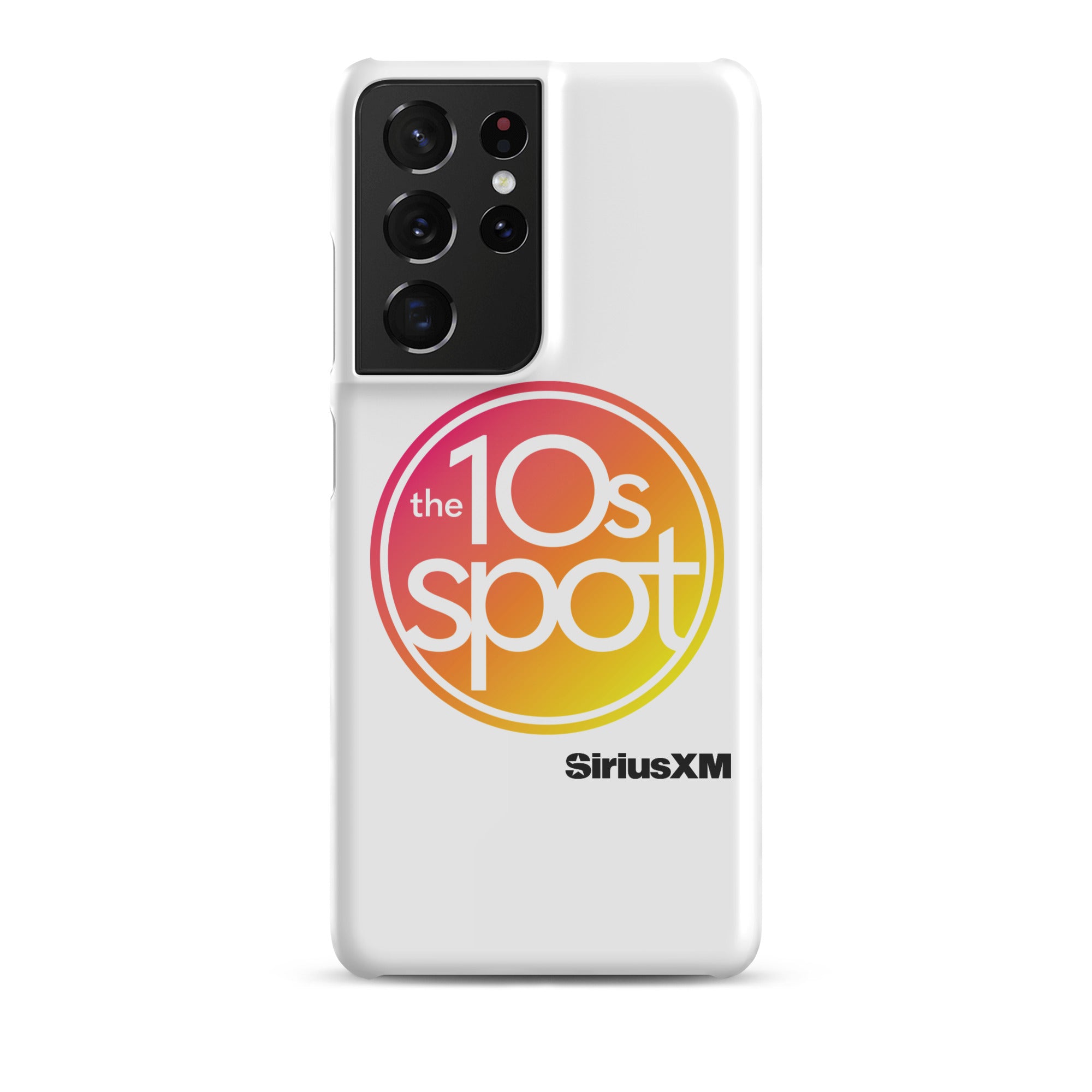 White phone case featuring 'the 10s spot' logo in a pink and yellow gradient and 'SiriusXM' branding.
