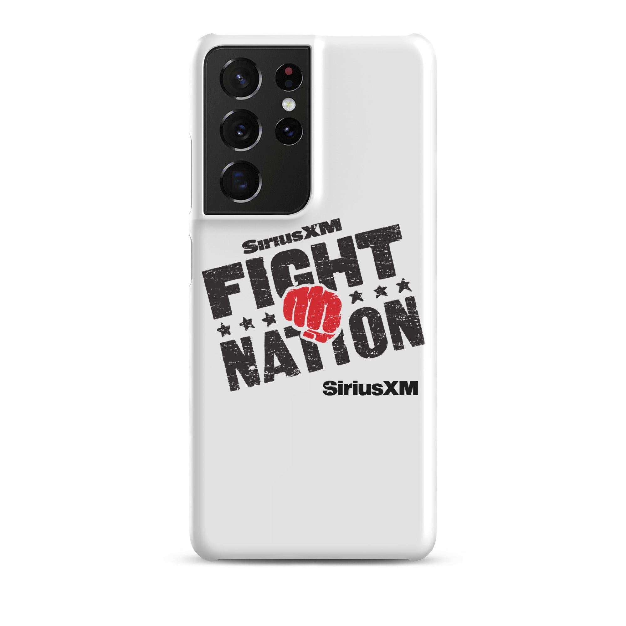 White phone case with 'SiriusXM FIGHT NATION' logo and a red fist graphic.