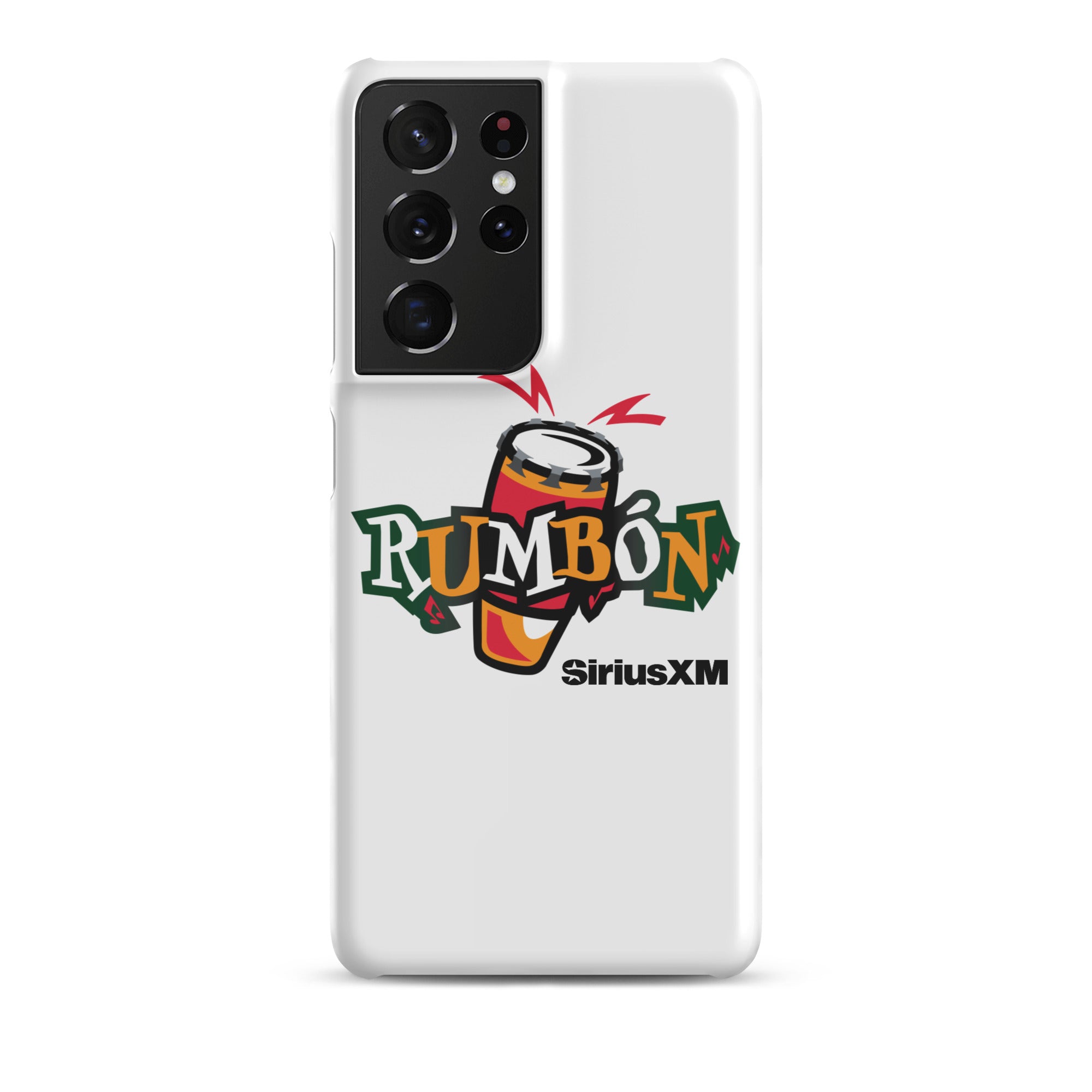 White phone case featuring a colorful 'Rumbón' logo with a conga drum and 'SiriusXM' branding.