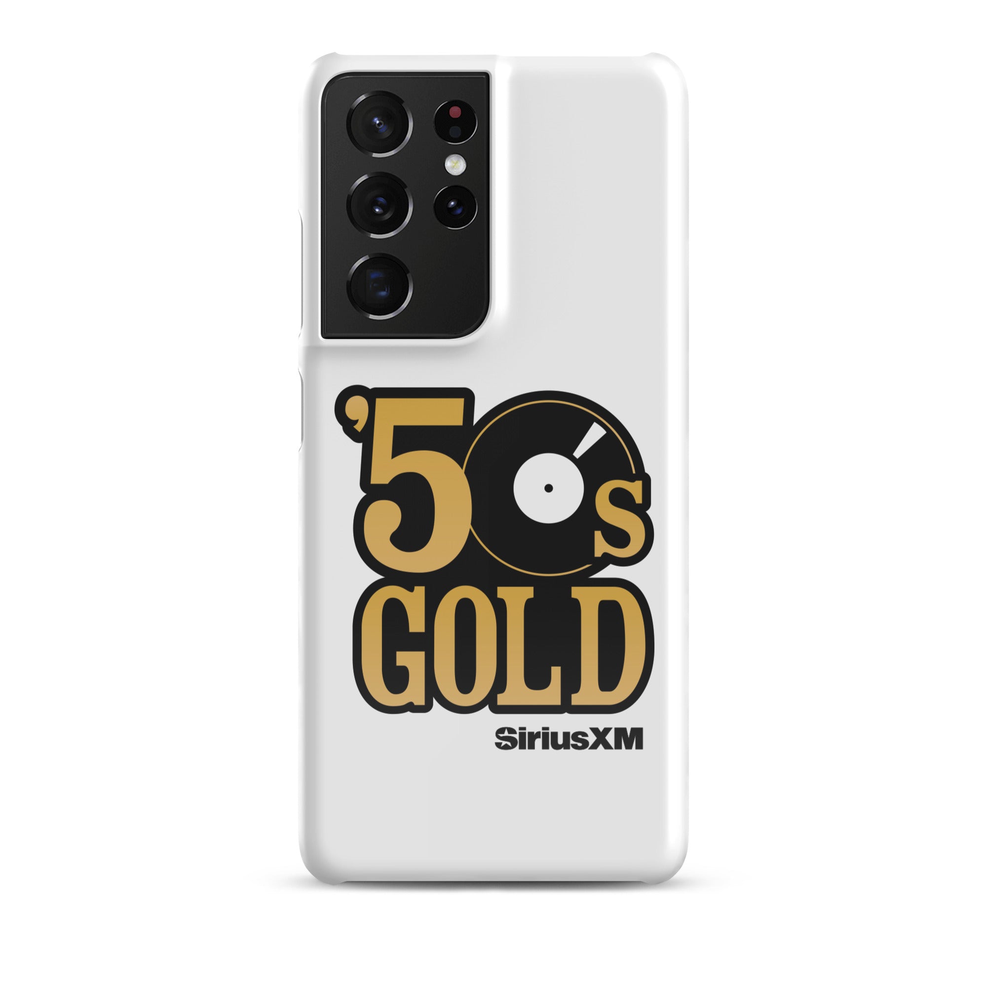 A white phone case featuring '50s GOLD' logo and 'SiriusXM' branding.