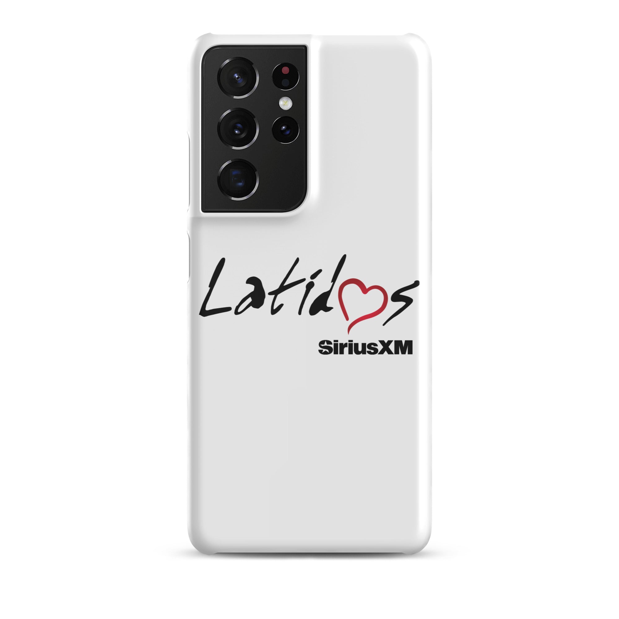 White phone case featuring 'Latidos' with a heart and 'SiriusXM' logo.
