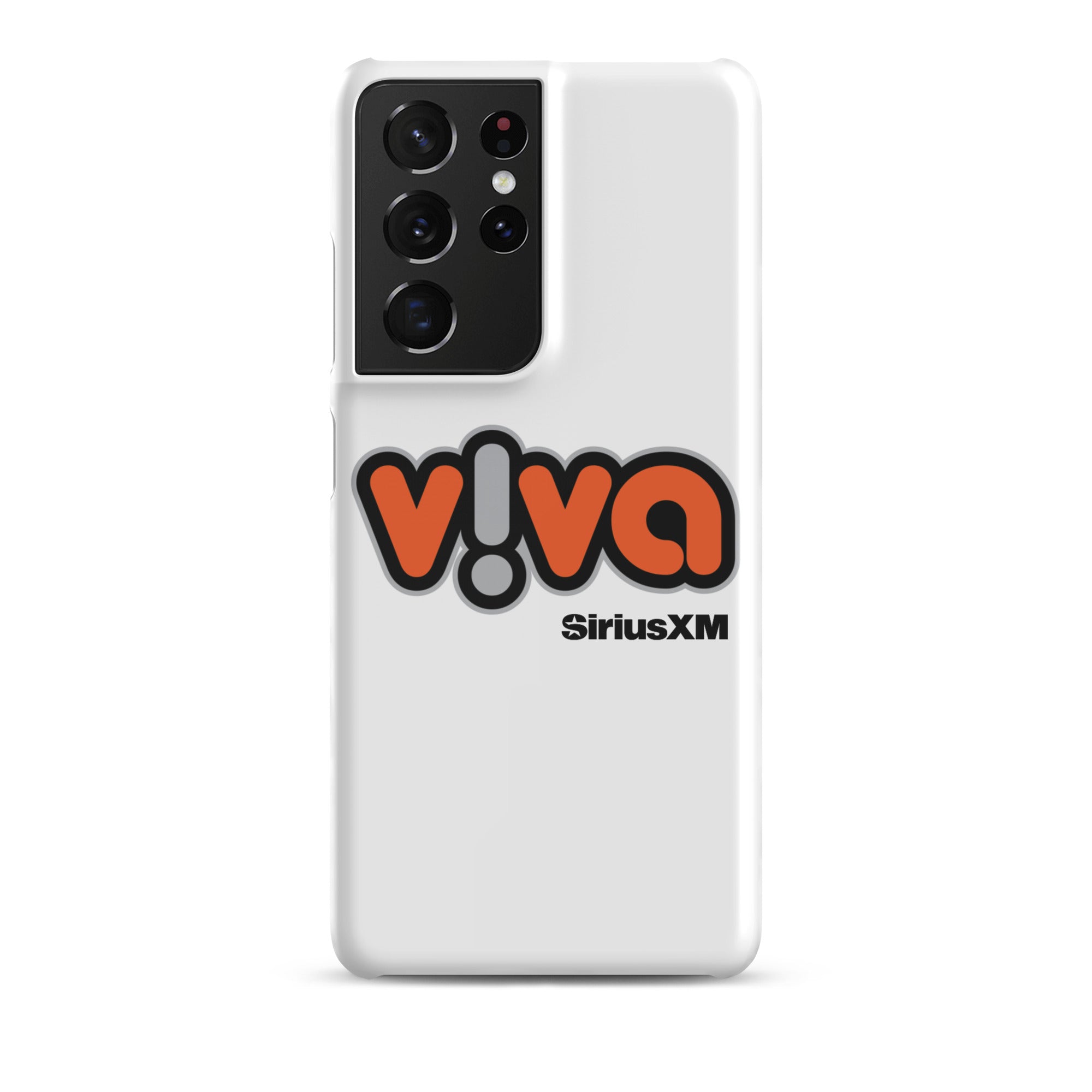White phone case with 'viva' logo in orange and black, featuring 'SiriusXM' branding.