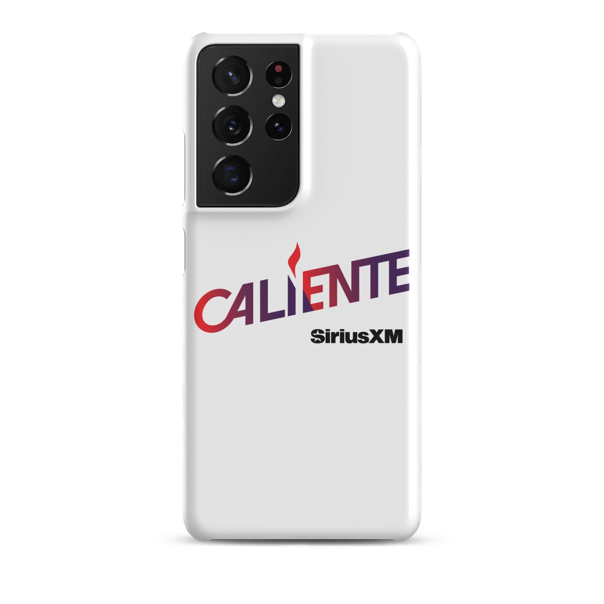 A white phone case with the word 'CALIENTE' in red and purple, and the 'SiriusXM' logo underneath.