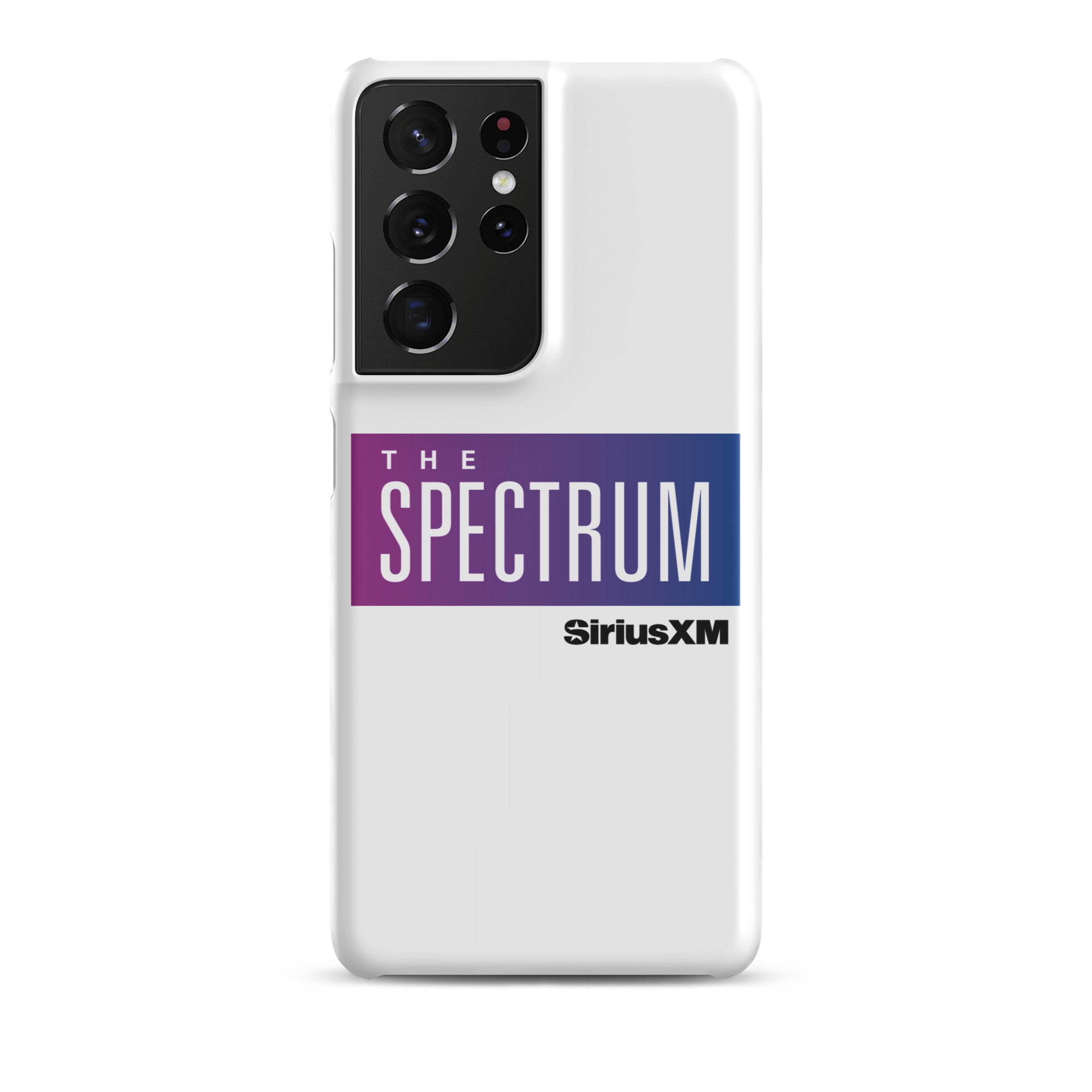 White phone case featuring 'THE SPECTRUM' logo and 'SiriusXM' text in blue and purple.