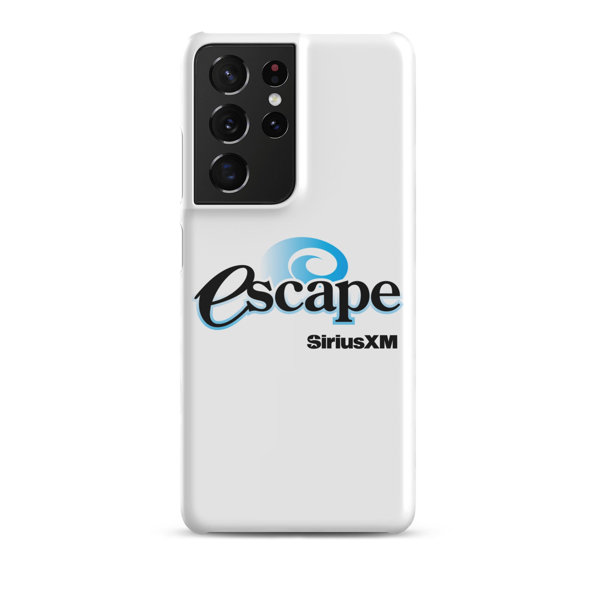 White phone case featuring the 'escape' logo and 'SiriusXM' branding.