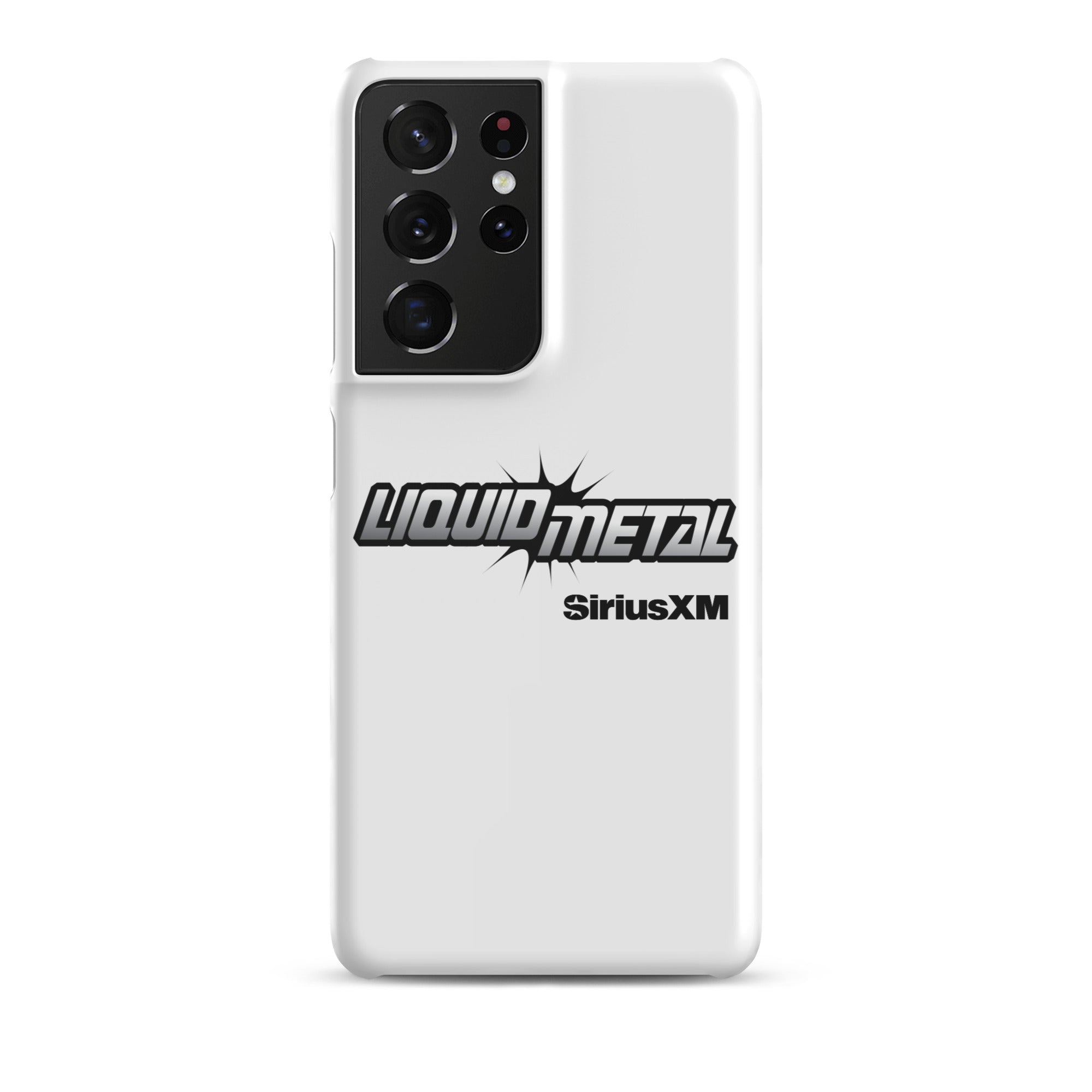 White phone case featuring 'LIQUID METAL' logo and 'SiriusXM' branding.