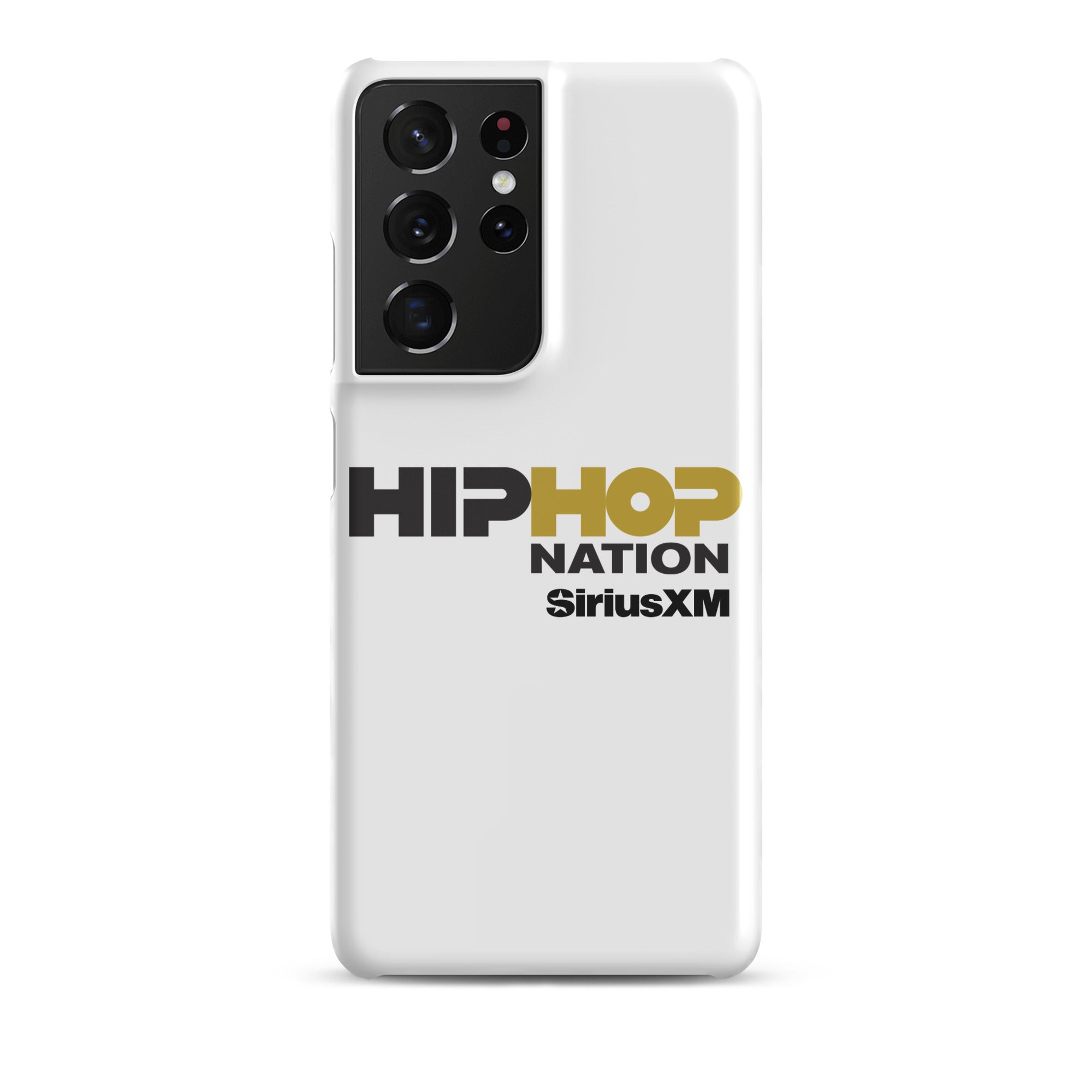 A white phone case featuring the text 'HIP HOP NATION' and 'SiriusXM' in black and gold.
