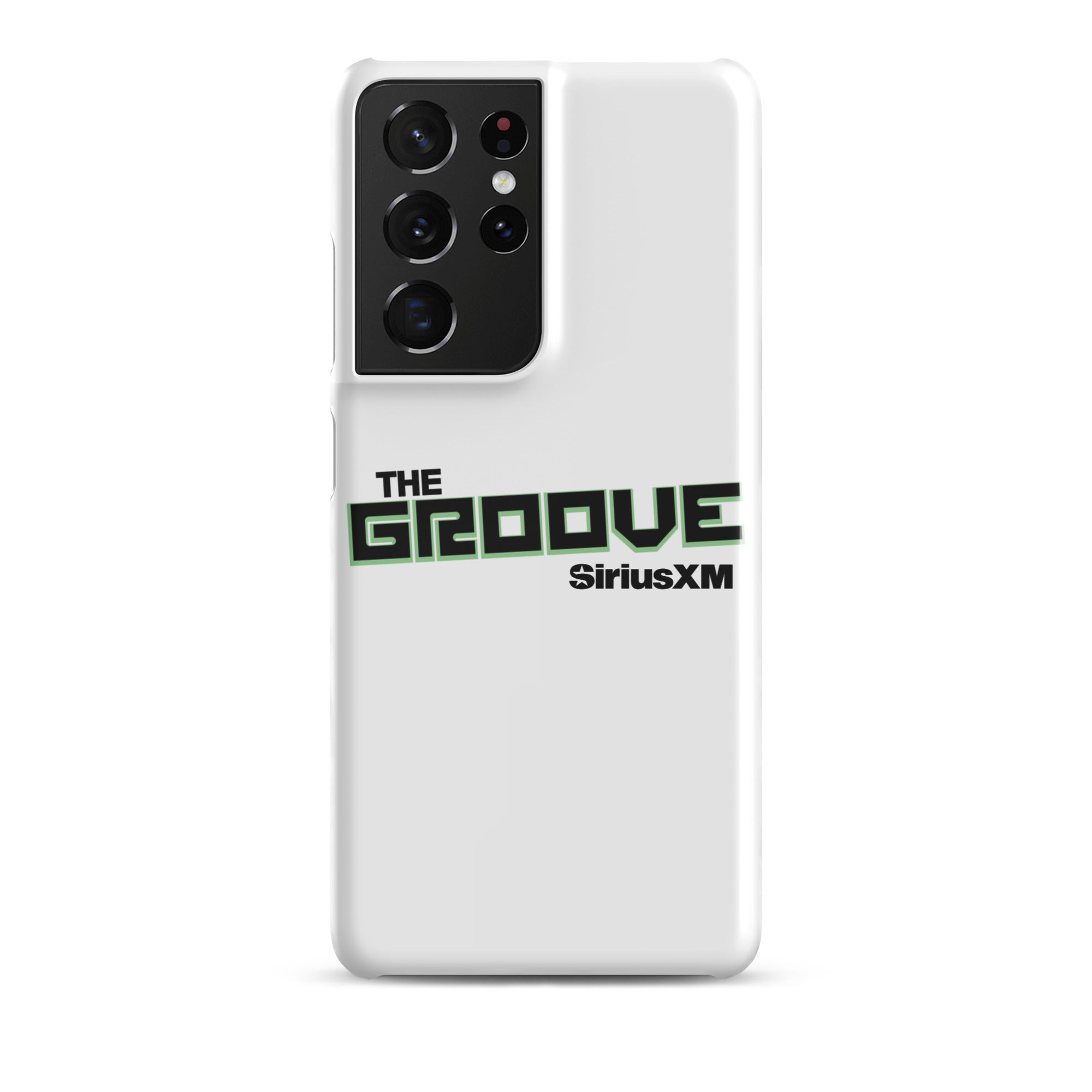 White phone case featuring 'THE GROOVE' and 'SiriusXM' logos in green and black.