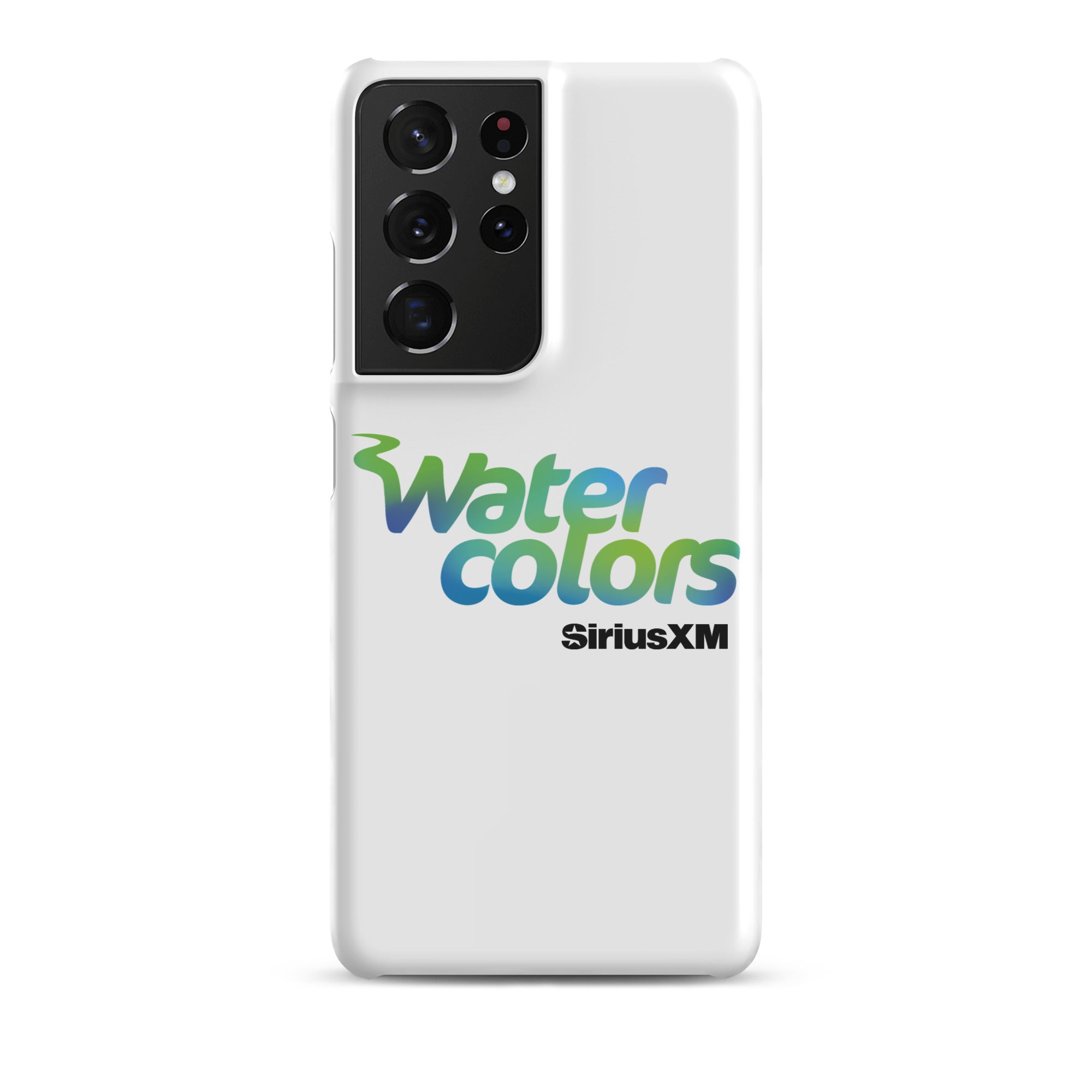 White smartphone case with 'Water colors' logo in blue and green, and 'SiriusXM' in black.