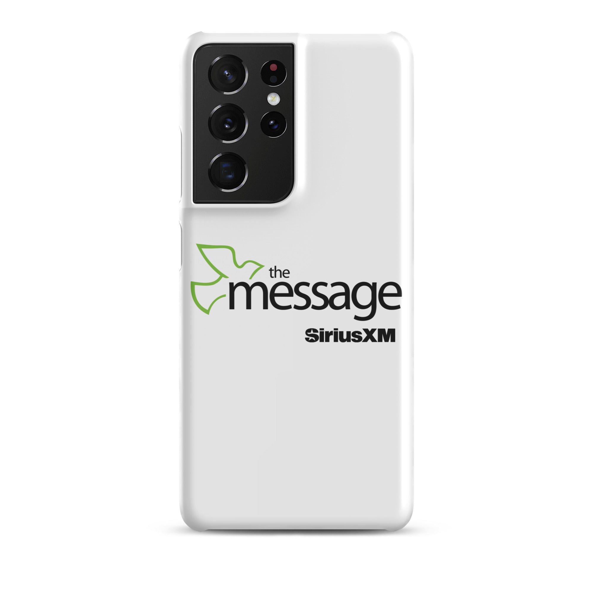 White phone case featuring 'the message' logo alongside 'SiriusXM' branding.