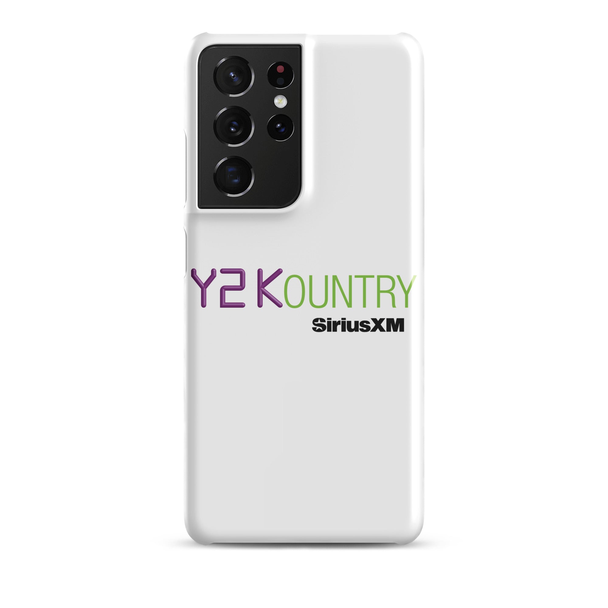 White phone case featuring 'Y2KOUNTRY' and 'SiriusXM' logos in purple and green.