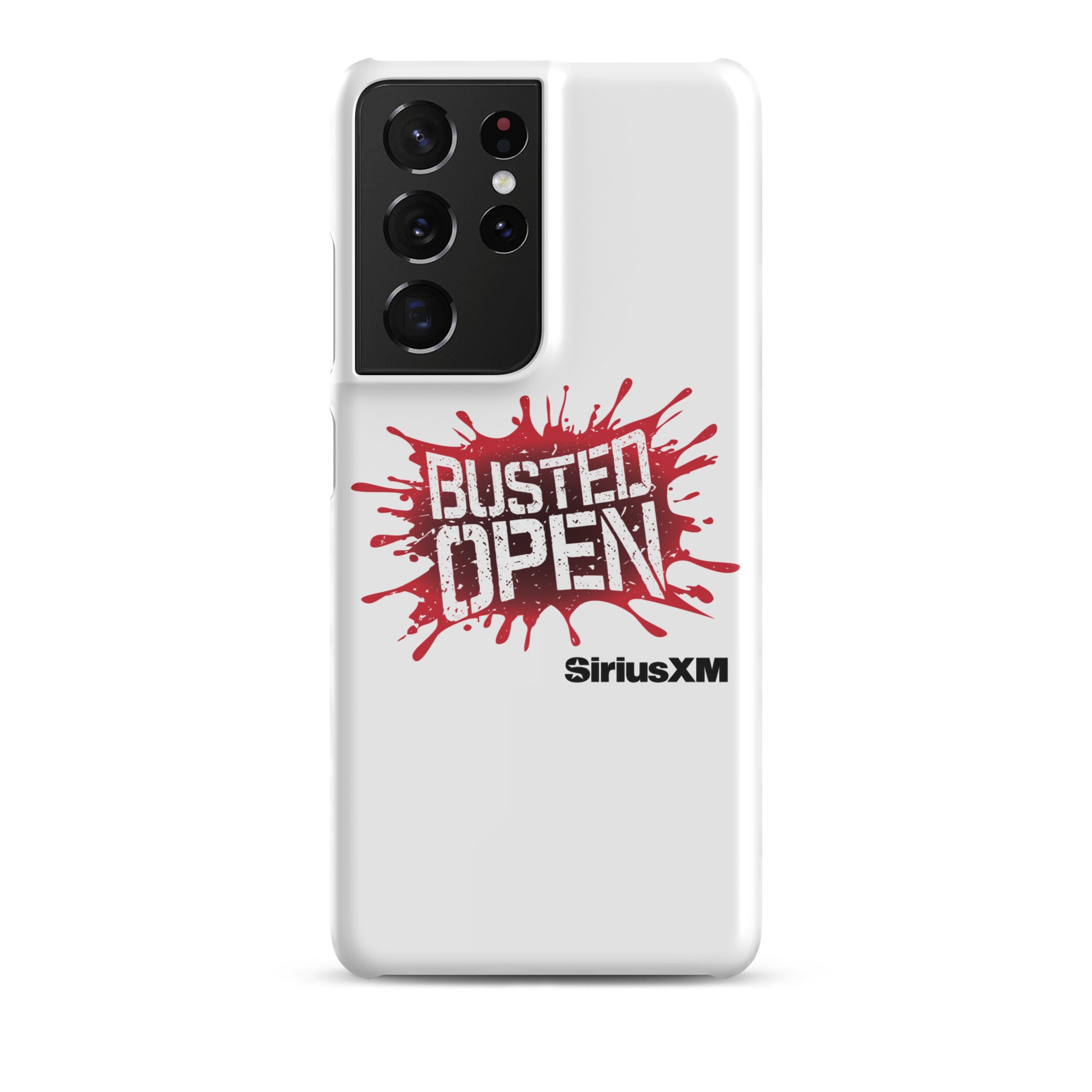 White phone case featuring the 'Busted Open' logo with a red splatter design and 'SiriusXM' branding.