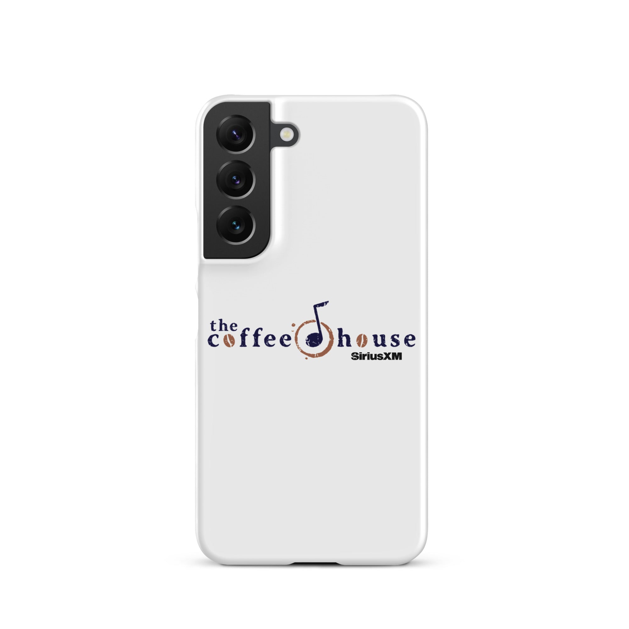 A white phone case featuring 'the coffee house' and 'SiriusXM' logo with a musical note design.
