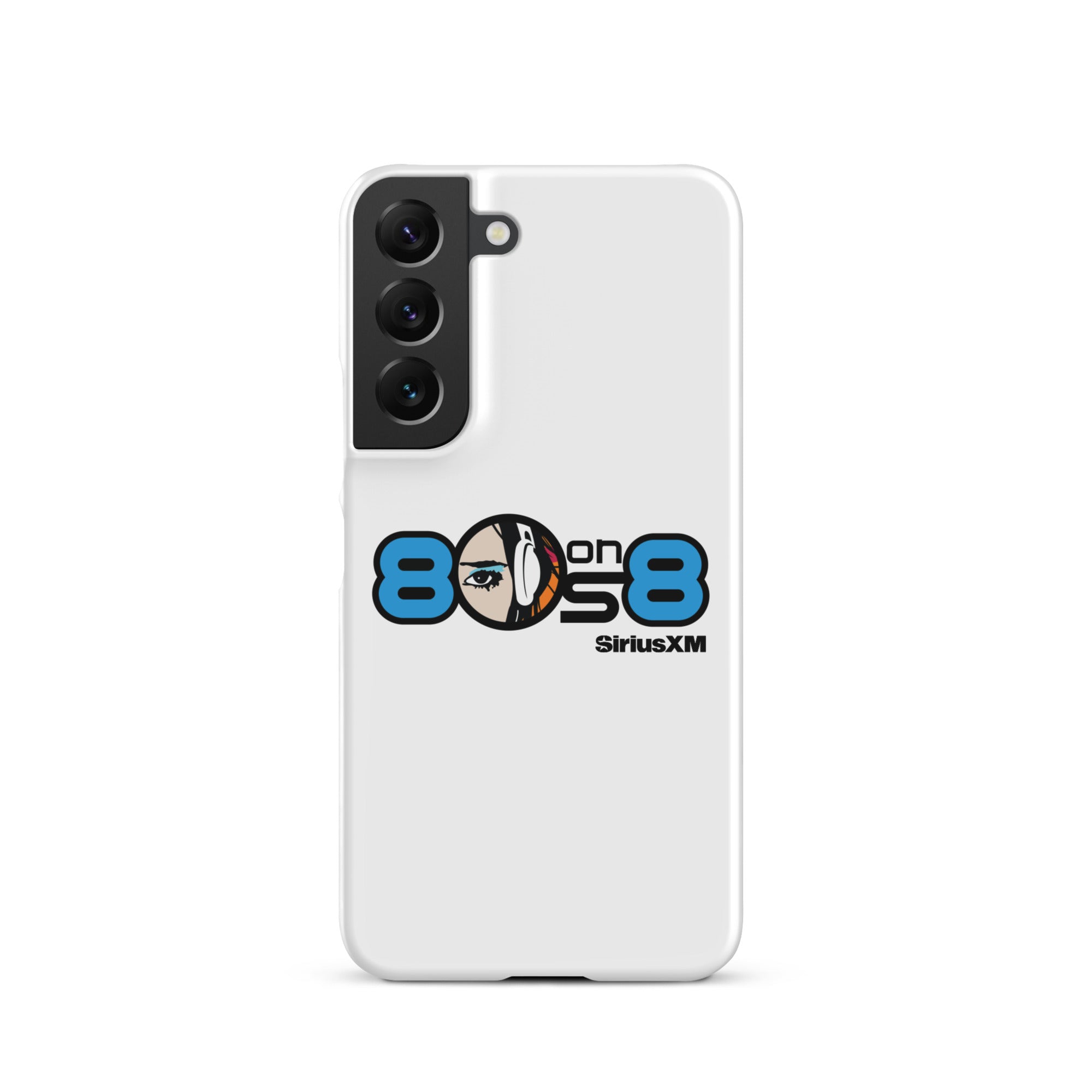 White phone case featuring the '80s on 8 SiriusXM' logo with a stylized face and headphones design.