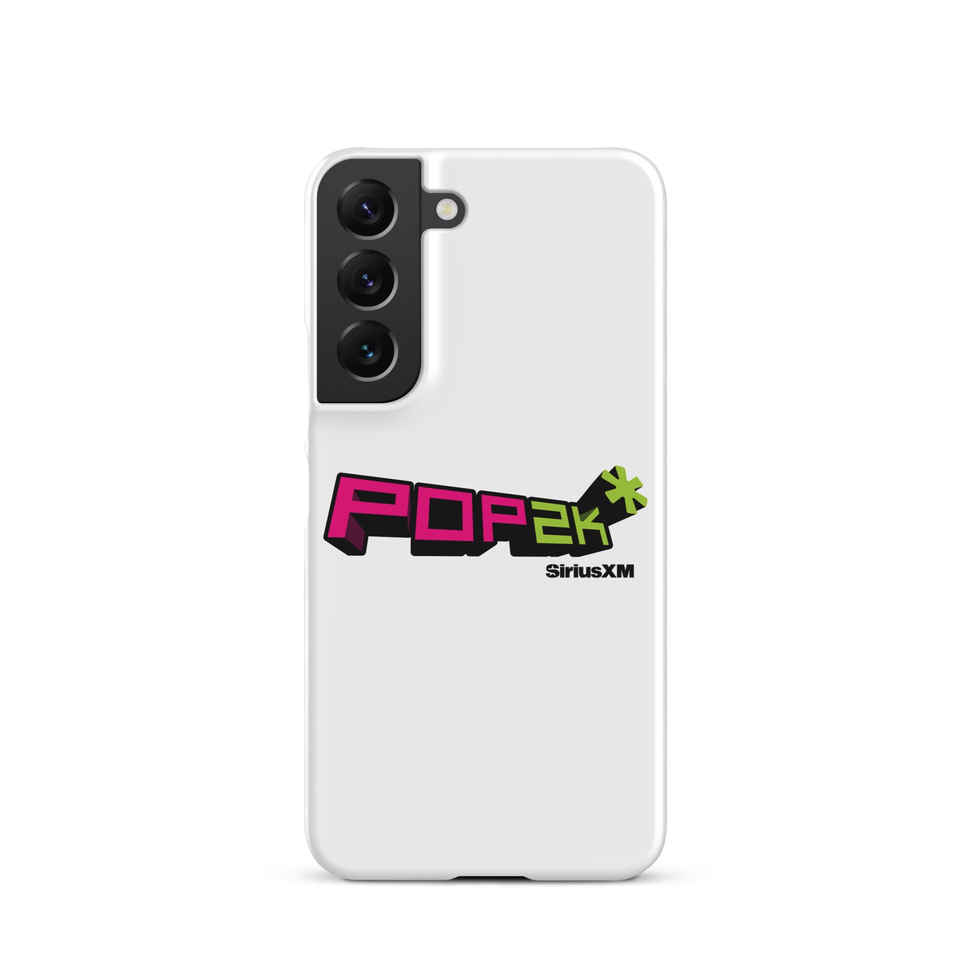 White phone case featuring the 'POP2K' logo with 'SiriusXM' branding in bold pink and green colors.