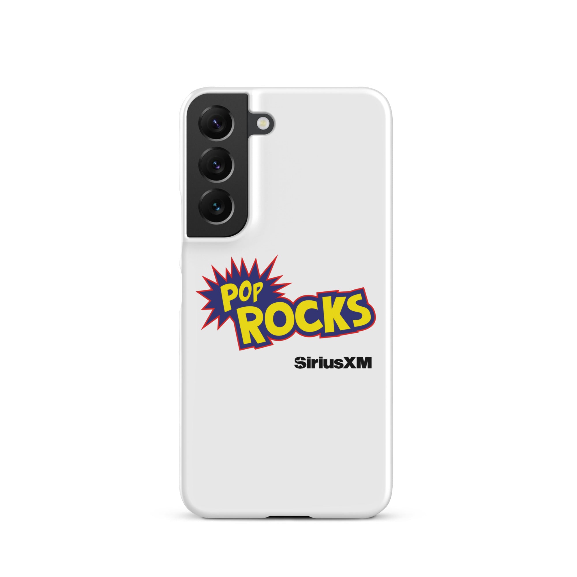 A white phone case featuring 'Pop Rocks' explosion graphic design  'SiriusXM' logo.