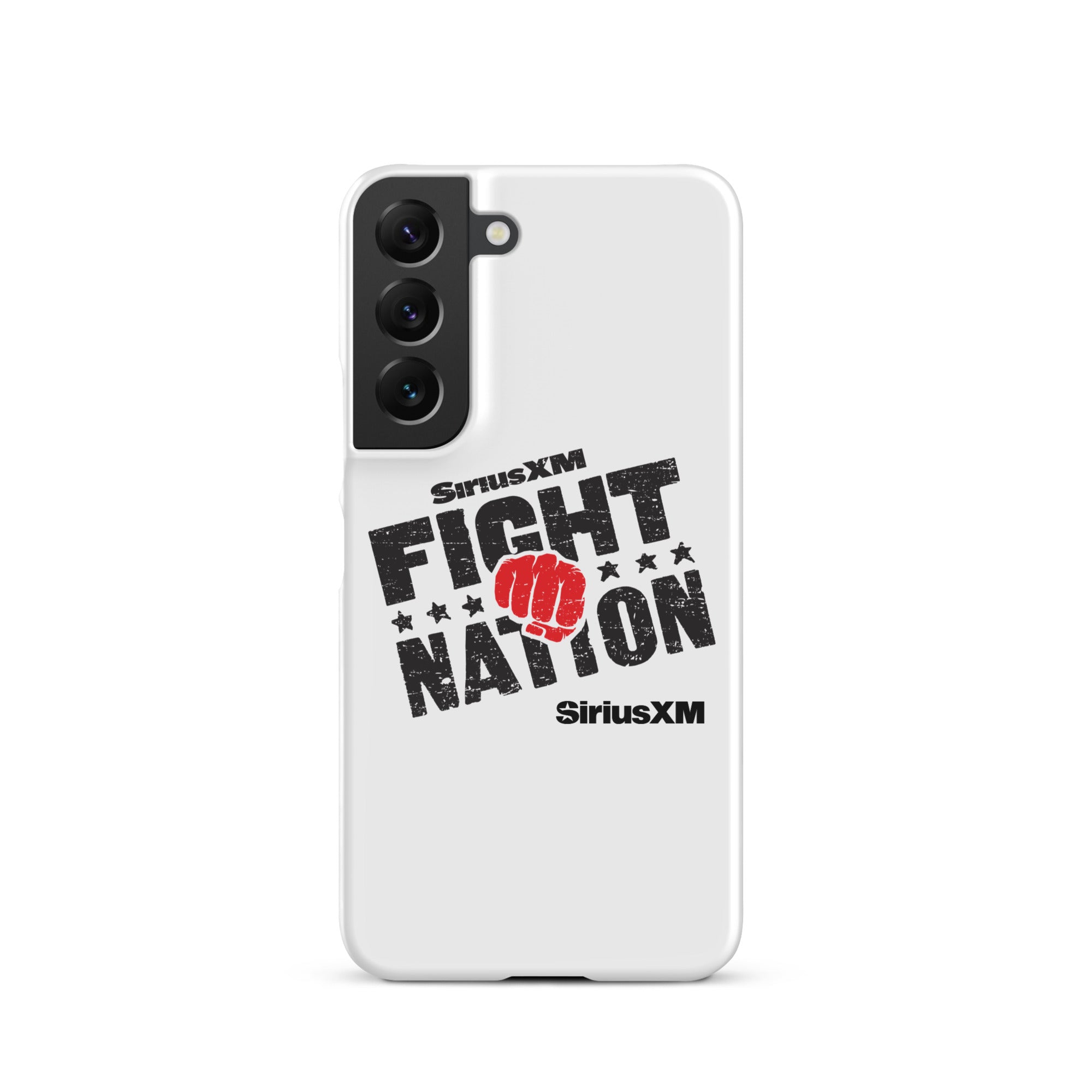 White phone case with 'SiriusXM FIGHT NATION' logo and a red fist graphic.