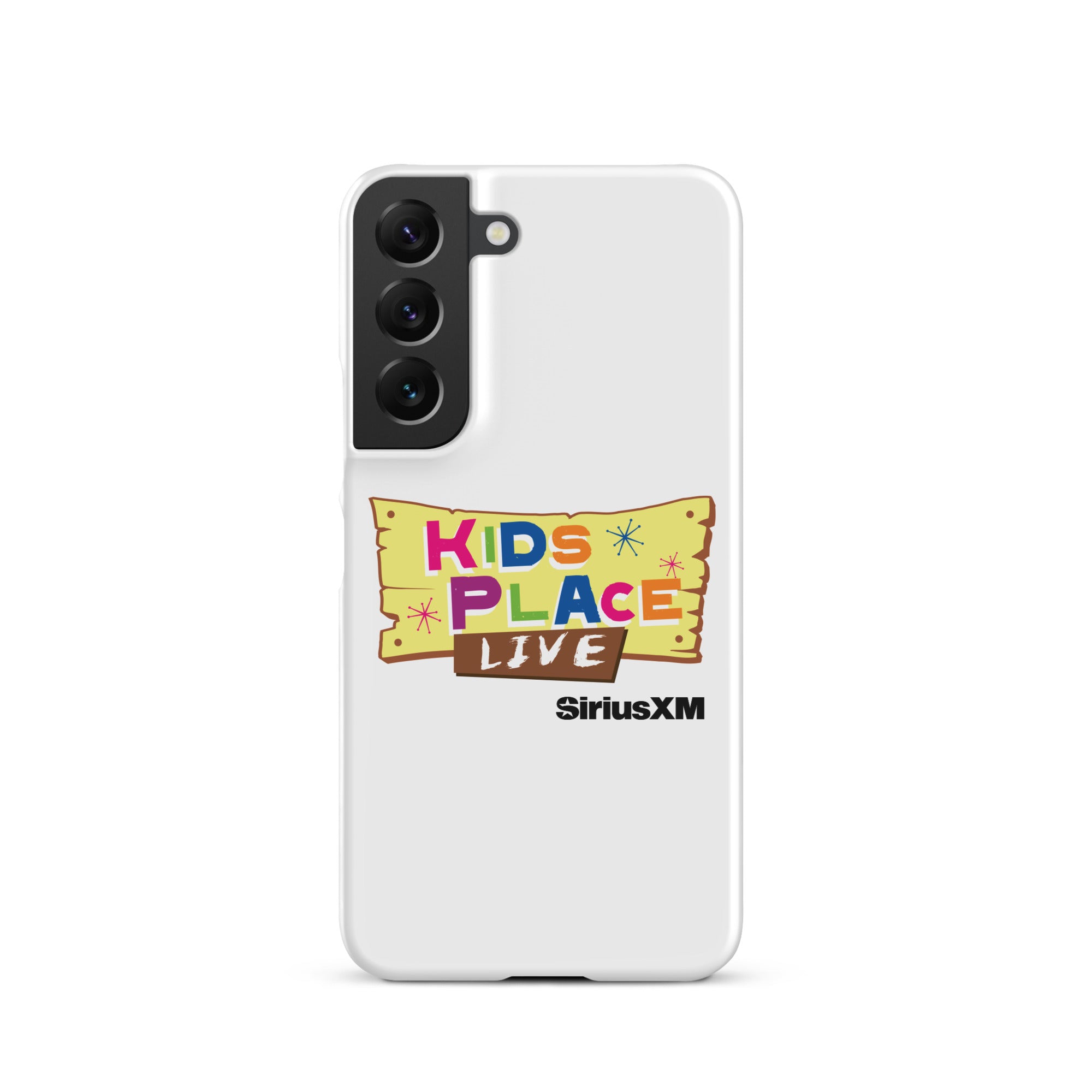 Kids Place Live' logo on a white phone case featuring colorful text and 'SiriusXM' branding.