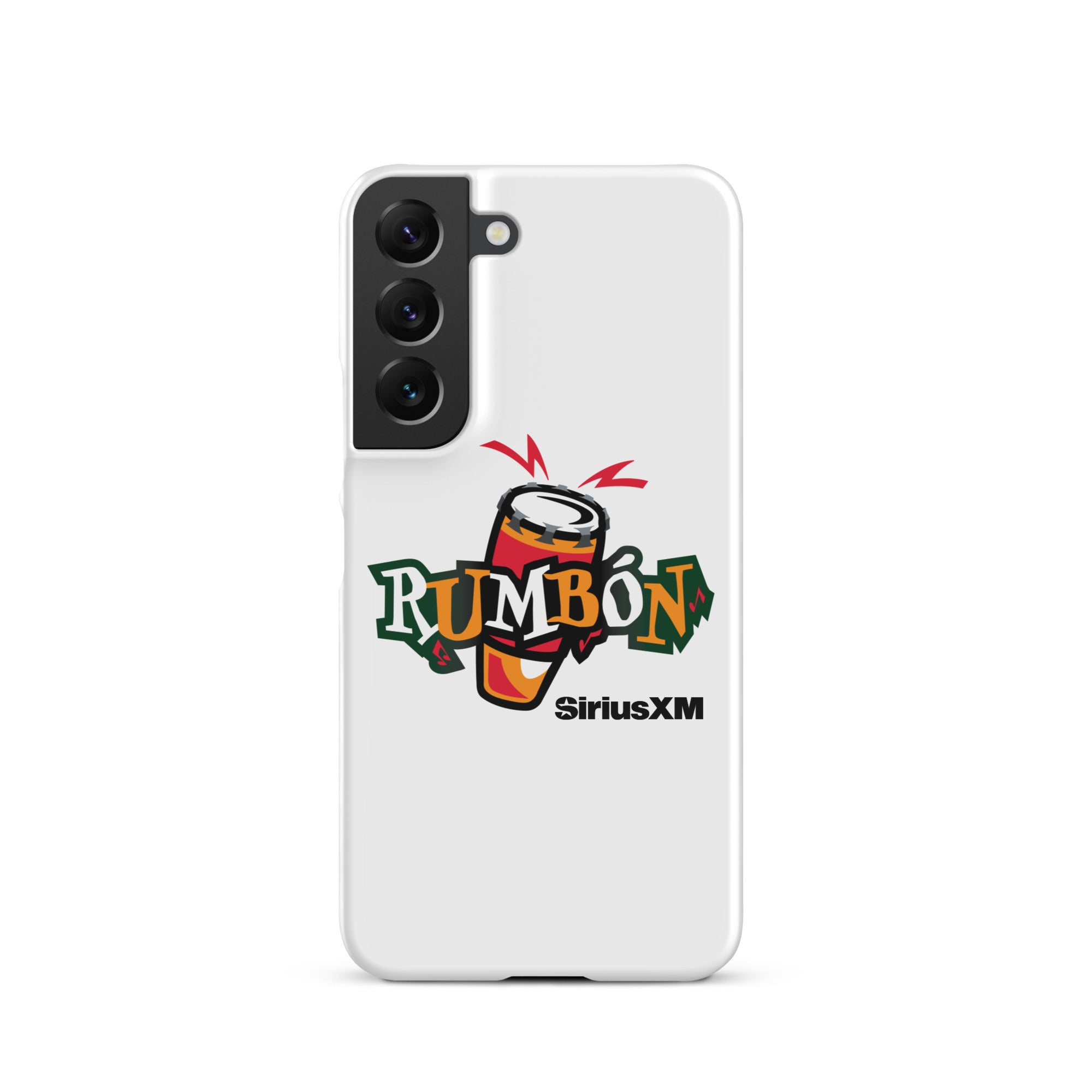 White phone case featuring a colorful 'Rumbón' logo with a conga drum and 'SiriusXM' branding.