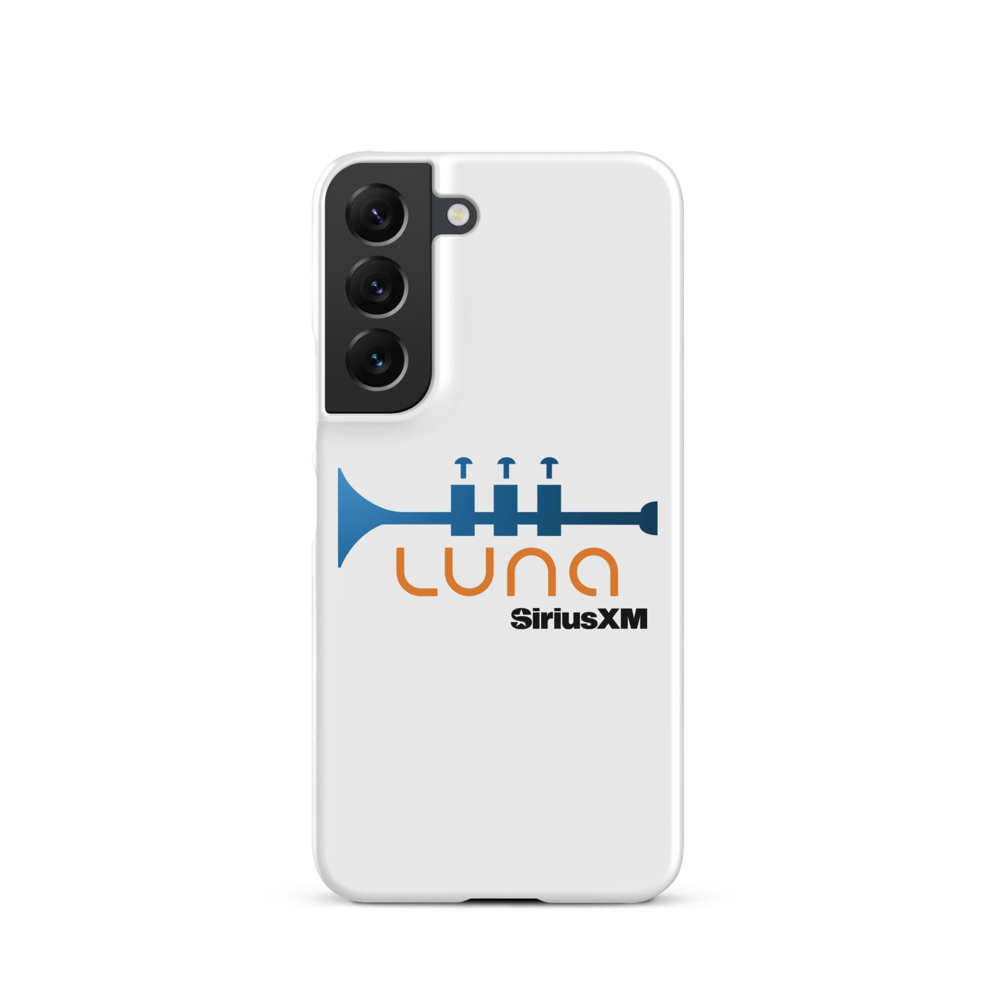 White phone case featuring a blue trumpet graphic and the logo 'LUNA SiriusXM' in orange and black.