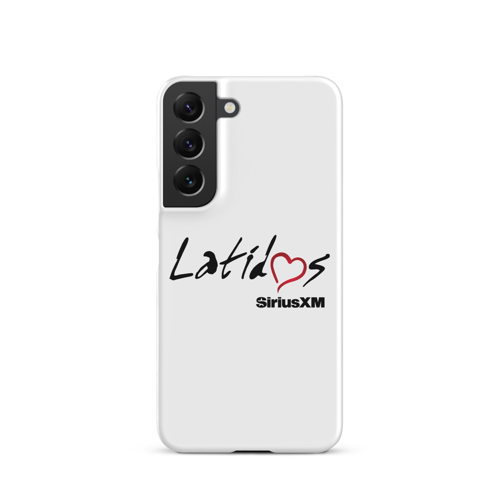 White phone case featuring 'Latidos' with a heart and 'SiriusXM' logo.