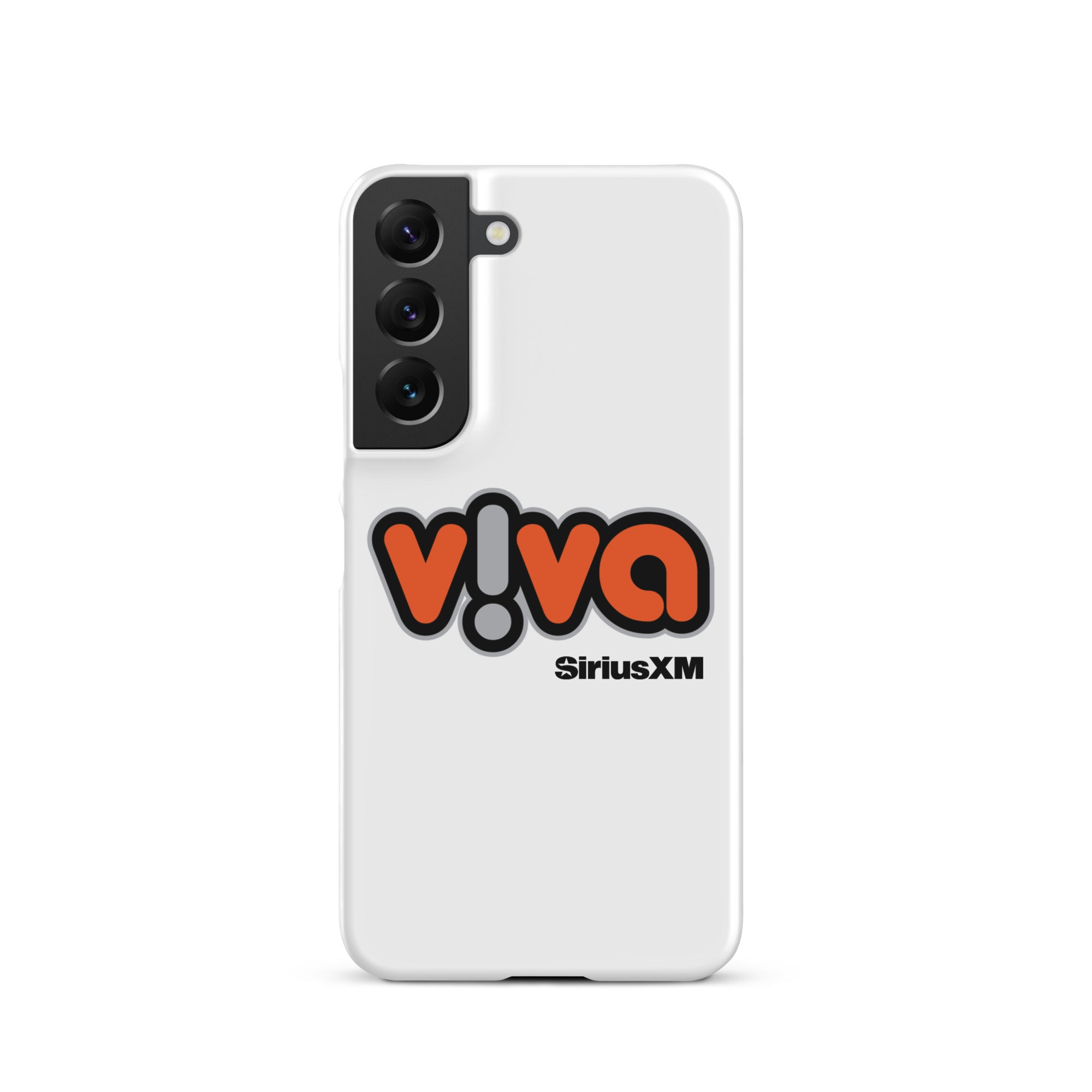 White phone case with 'viva' logo in orange and black, featuring 'SiriusXM' branding.