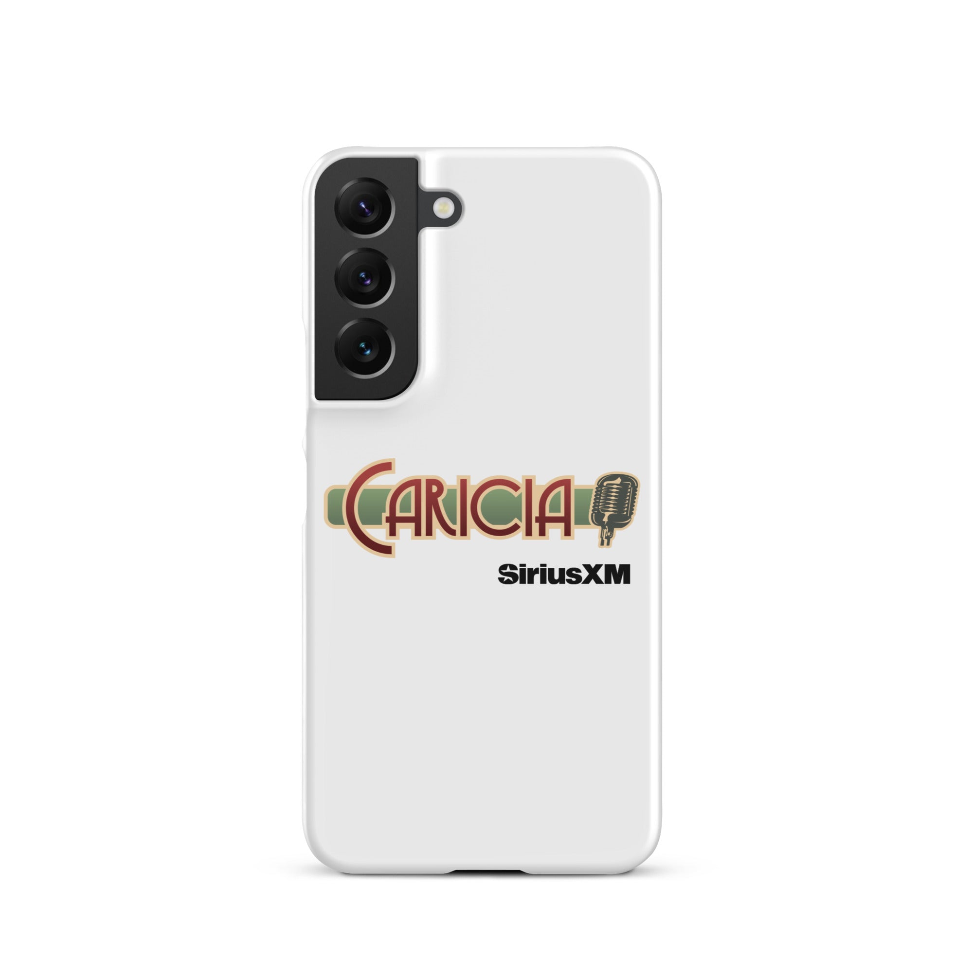 White phone case featuring the text 'CARICIA' and 'SiriusXM' with a microphone graphic.