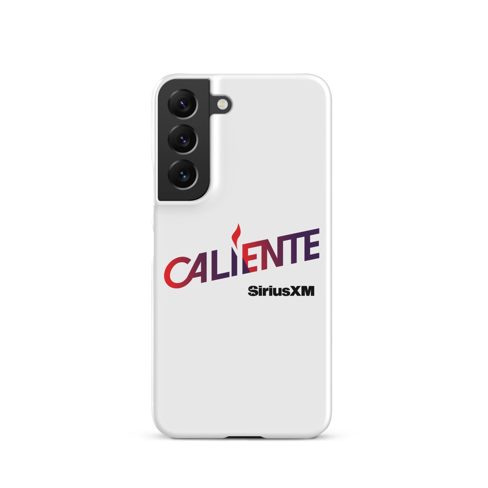A white phone case with the word 'CALIENTE' in red and purple, and the 'SiriusXM' logo underneath.