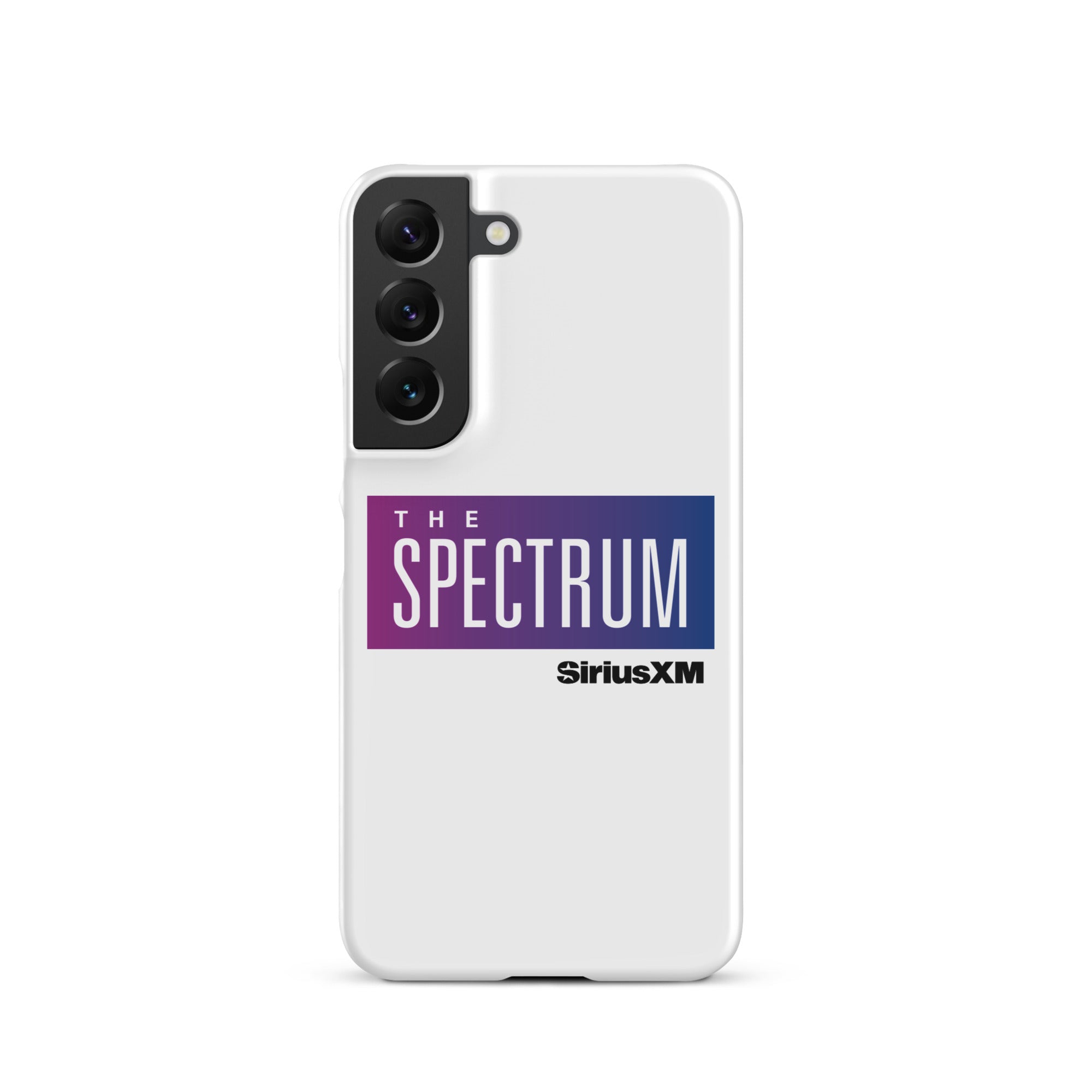 White phone case featuring 'THE SPECTRUM' logo and 'SiriusXM' text in blue and purple.