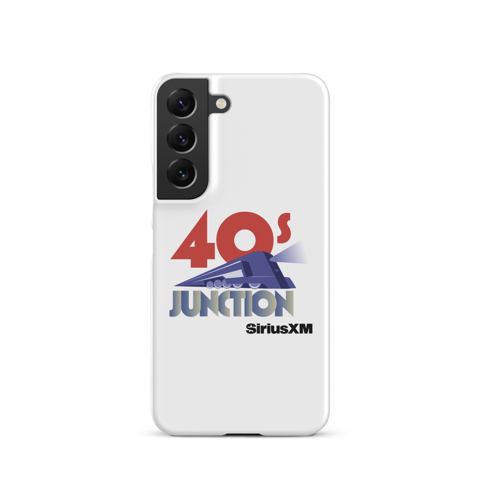 White phone case featuring a design with '40s Junction' and a train graphic, branded with 'SiriusXM.'