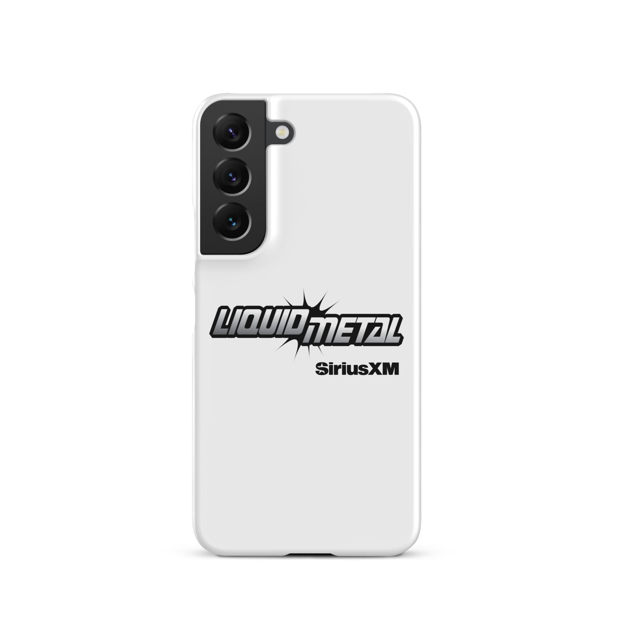 White phone case featuring 'LIQUID METAL' logo and 'SiriusXM' branding.