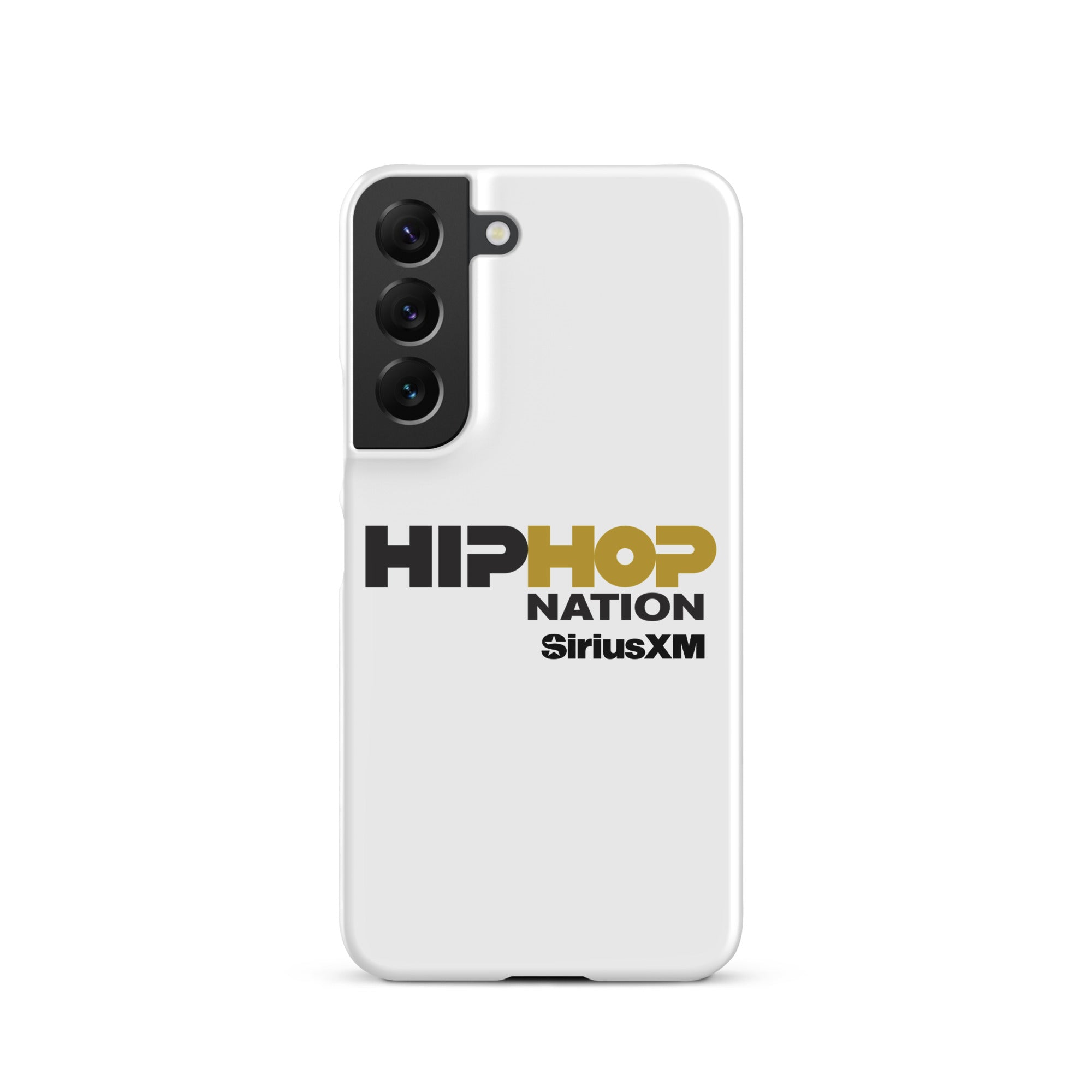A white phone case featuring the text 'HIP HOP NATION' and 'SiriusXM' in black and gold.