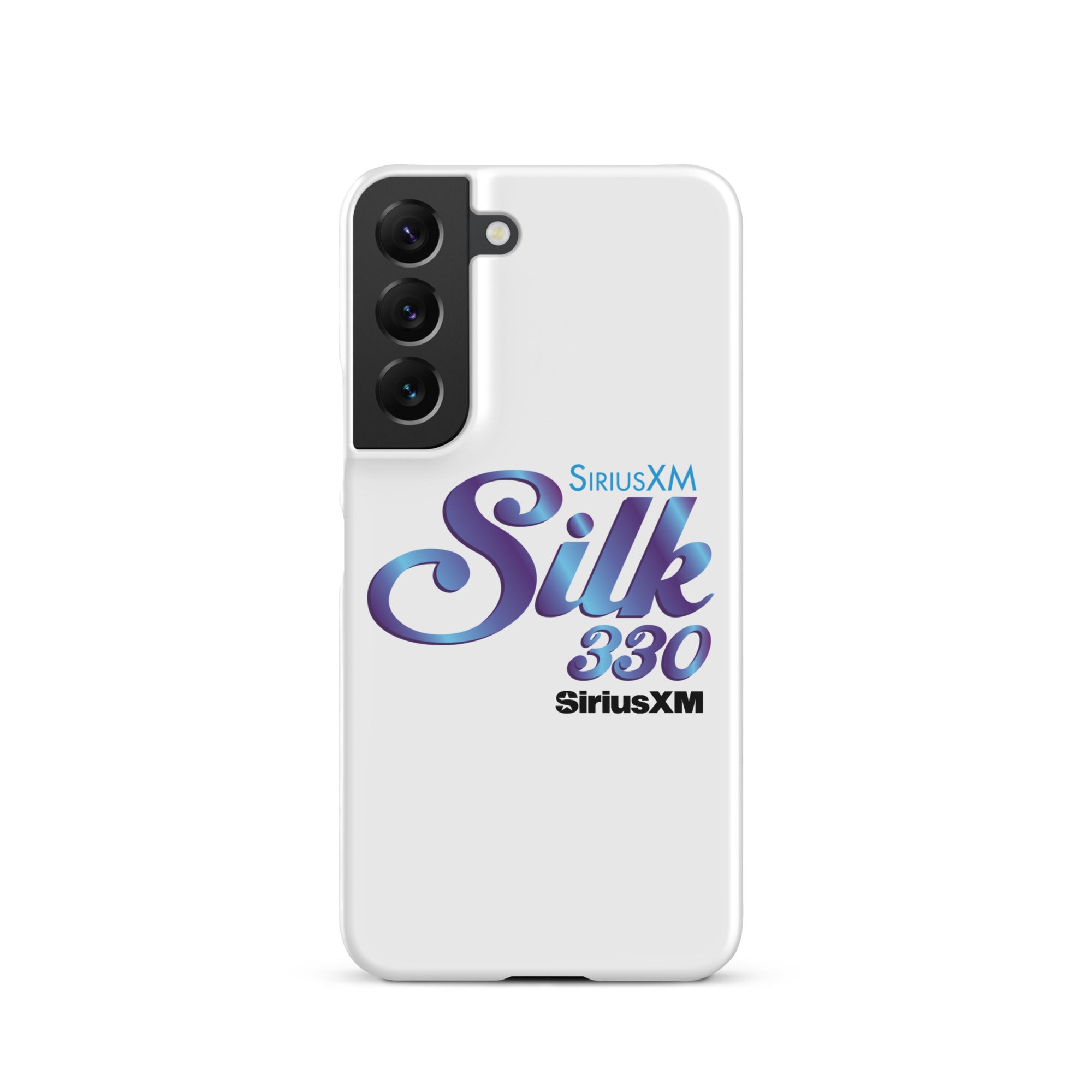 White phone case featuring 'SiriusXM Silk 330' logo in purple and 'SiriusXM' branding in black text.