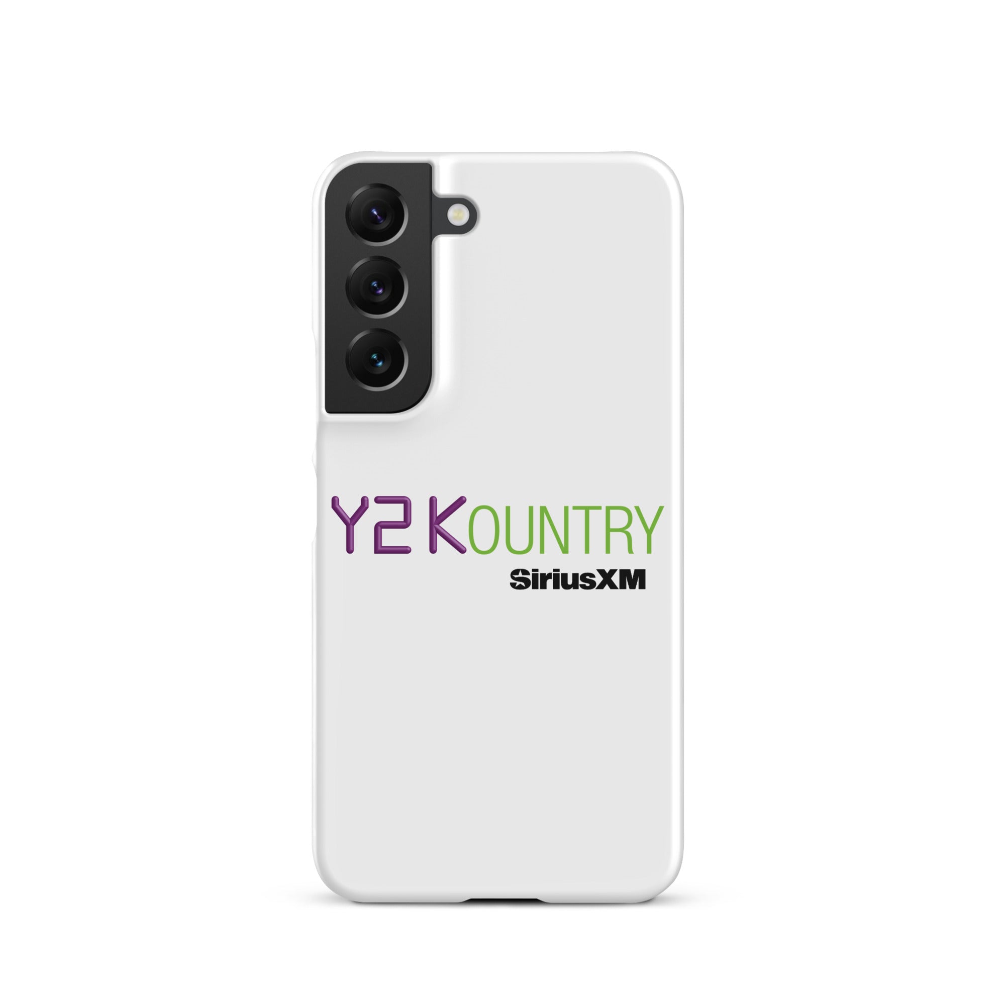 White phone case featuring 'Y2KOUNTRY' and 'SiriusXM' logos in purple and green.