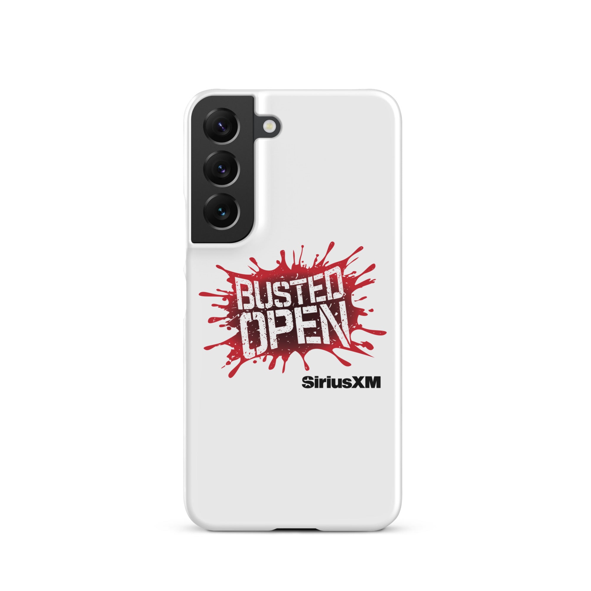 White phone case featuring the 'Busted Open' logo with a red splatter design and 'SiriusXM' branding.