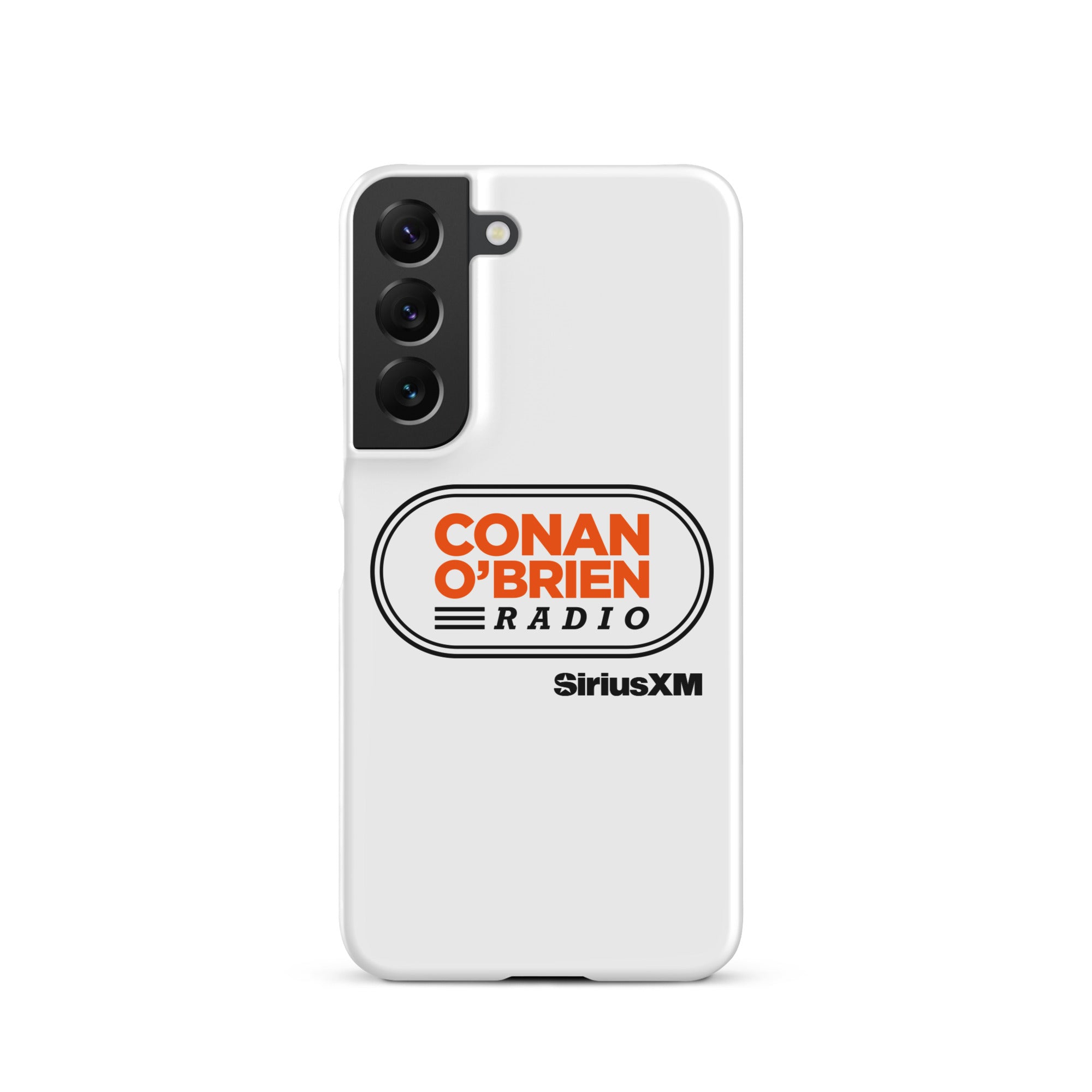 White phone case featuring 'CONAN O'BRIEN RADIO' and 'SiriusXM' logos.