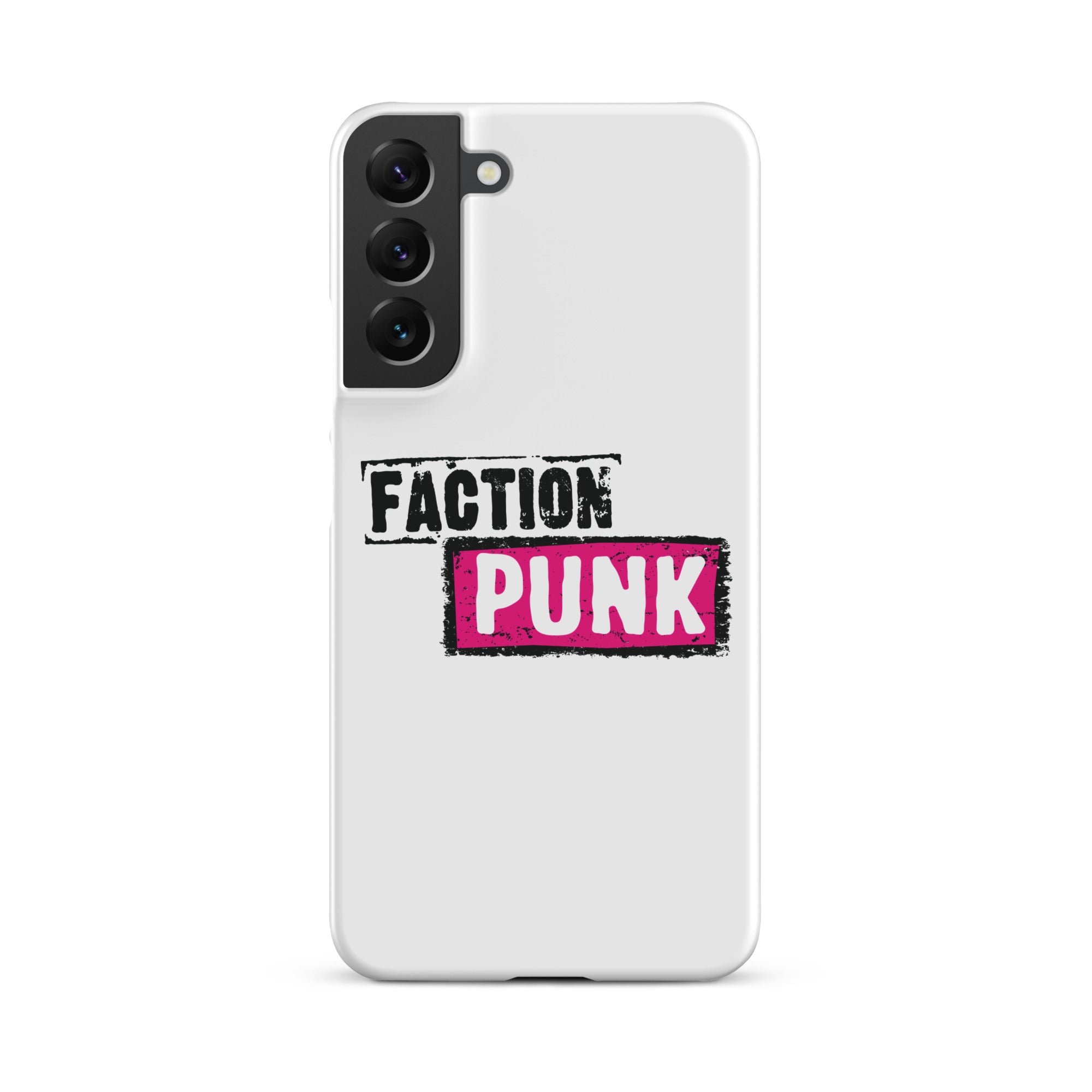 A white phone case with the words 'FACTION PUNK' in bold black and pink lettering.