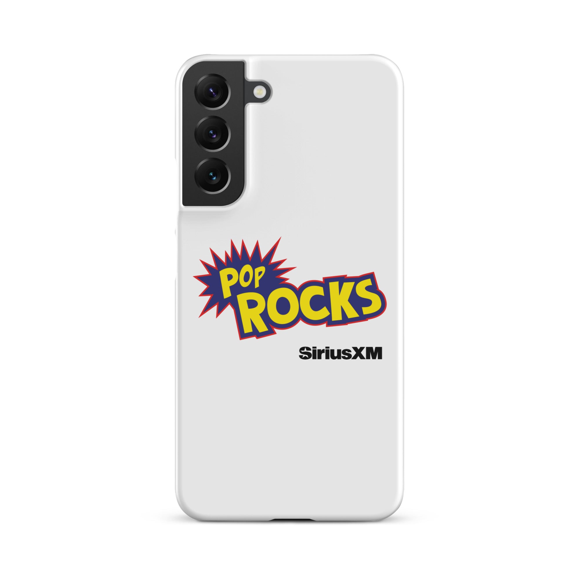 White phone case featuring 'POP ROCKS' logo in blue yellow and red and 'SiriusXM' branding.