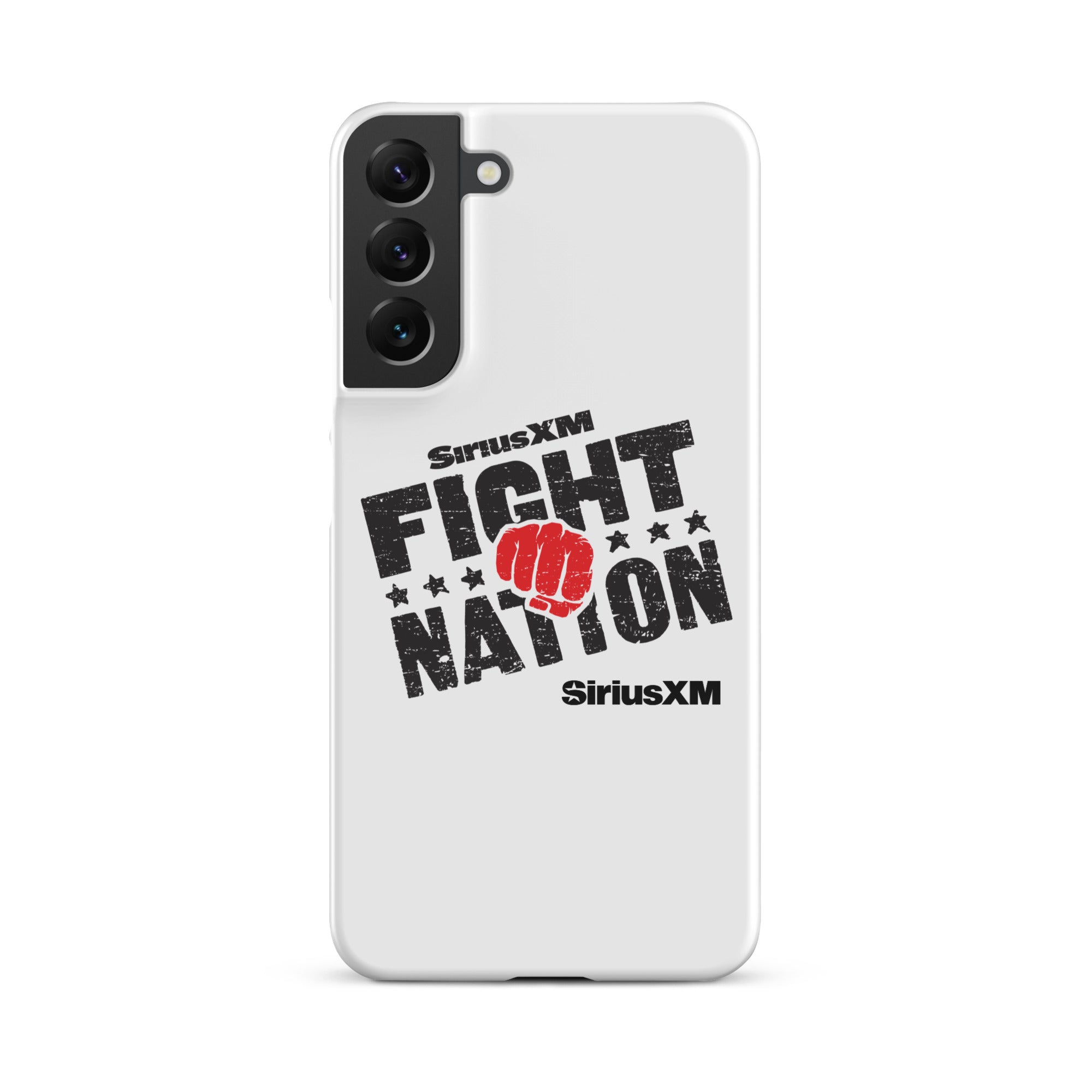 White phone case with 'SiriusXM FIGHT NATION' logo and a red fist graphic.