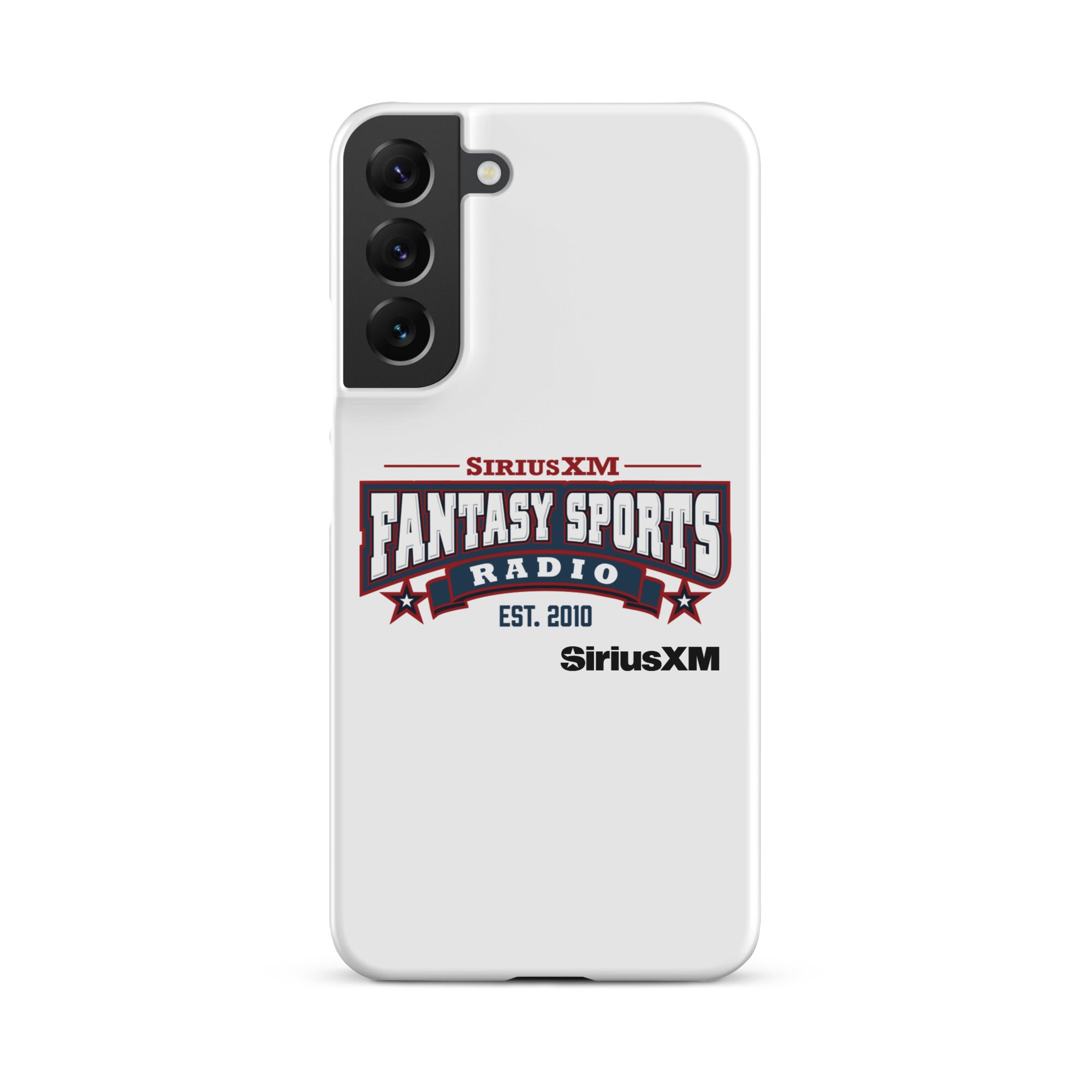 White phone case with 'SiriusXM Fantasy Sports Radio established 2010' logo, featuring red and blue design elements.
