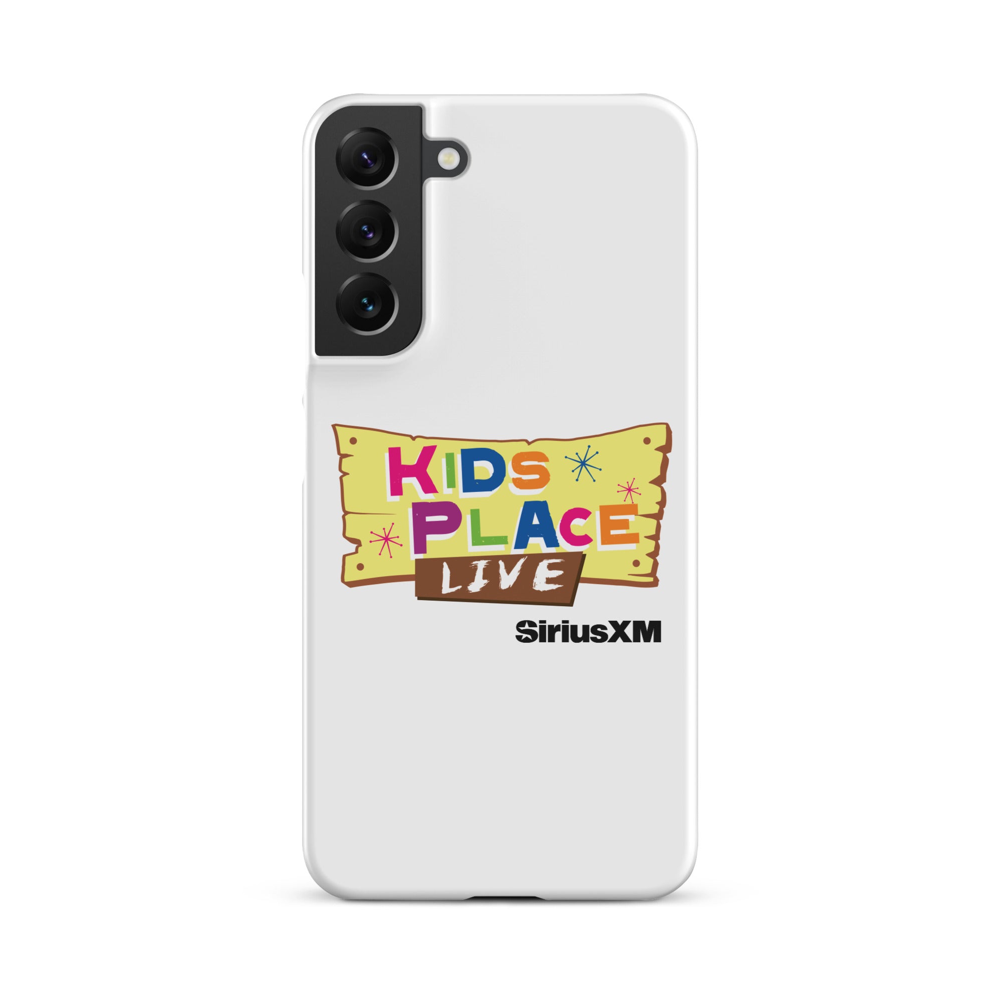 Kids Place Live' logo on a white phone case featuring colorful text and 'SiriusXM' branding.