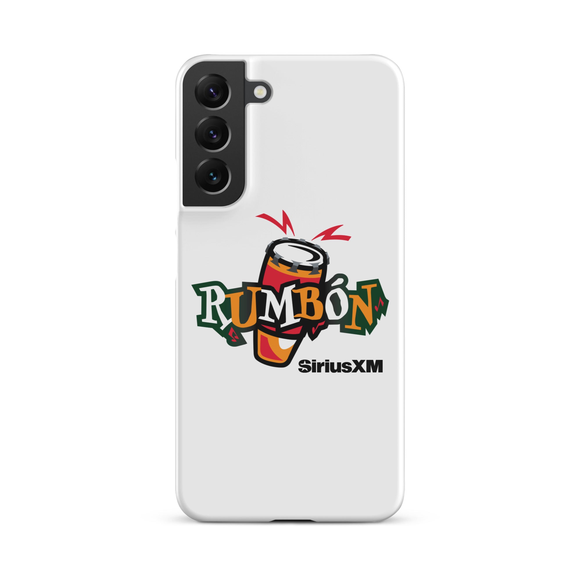 White phone case featuring a colorful 'Rumbón' logo with a conga drum and 'SiriusXM' branding.