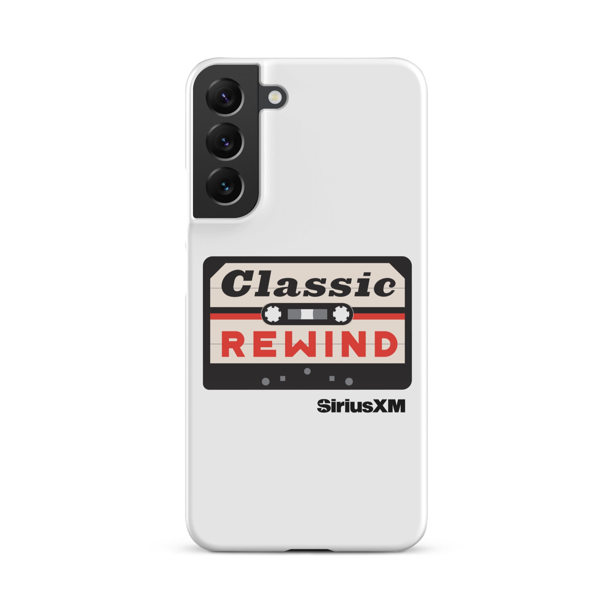 White phone case featuring a cassette tape design with 'Classic Rewind' text and 'SiriusXM' logo.