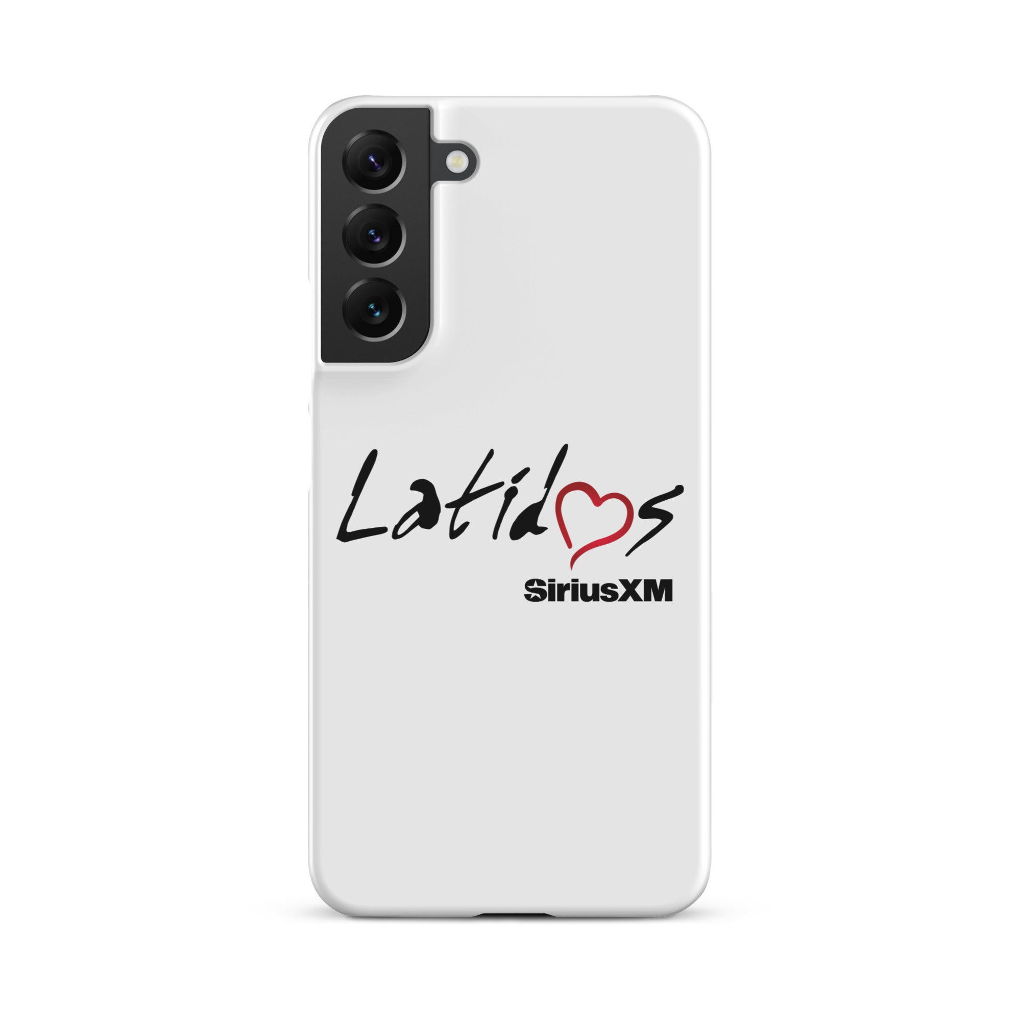 White phone case featuring 'Latidos' with a heart and 'SiriusXM' logo.
