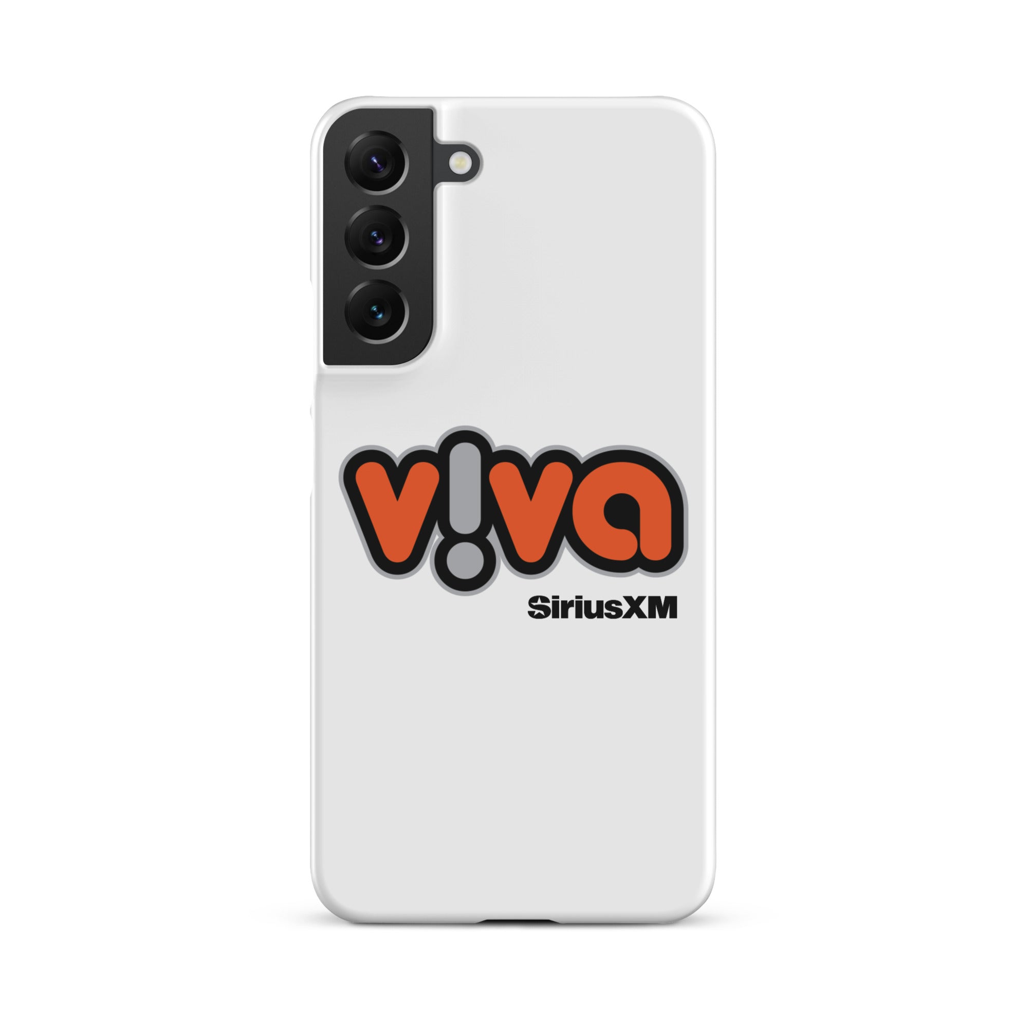 White phone case with 'viva' logo in orange and black, featuring 'SiriusXM' branding.