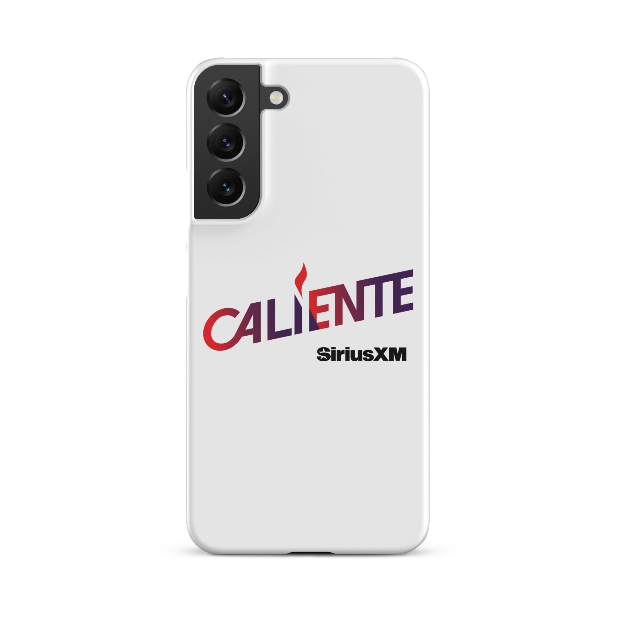 A white phone case with the word 'CALIENTE' in red and purple, and the 'SiriusXM' logo underneath.