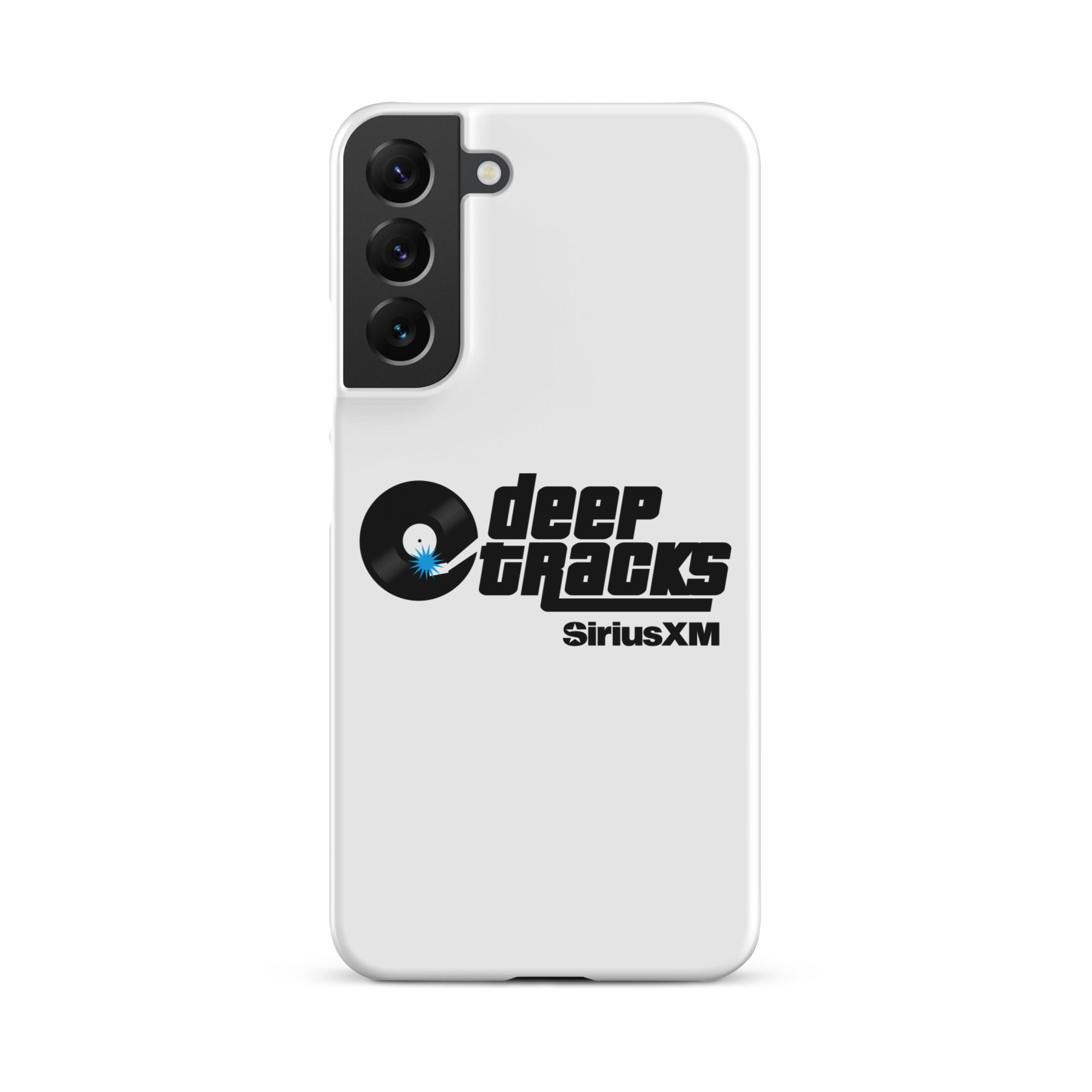 White smartphone case featuring the 'deep tracks' logo and 'SiriusXM' branding.