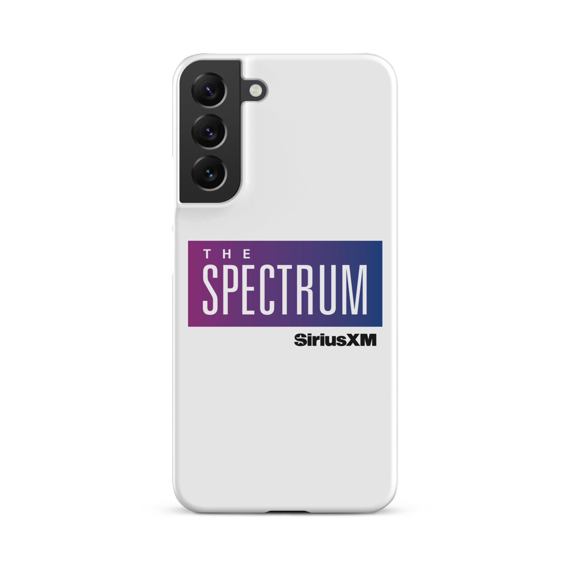 White phone case featuring 'THE SPECTRUM' logo and 'SiriusXM' text in blue and purple.
