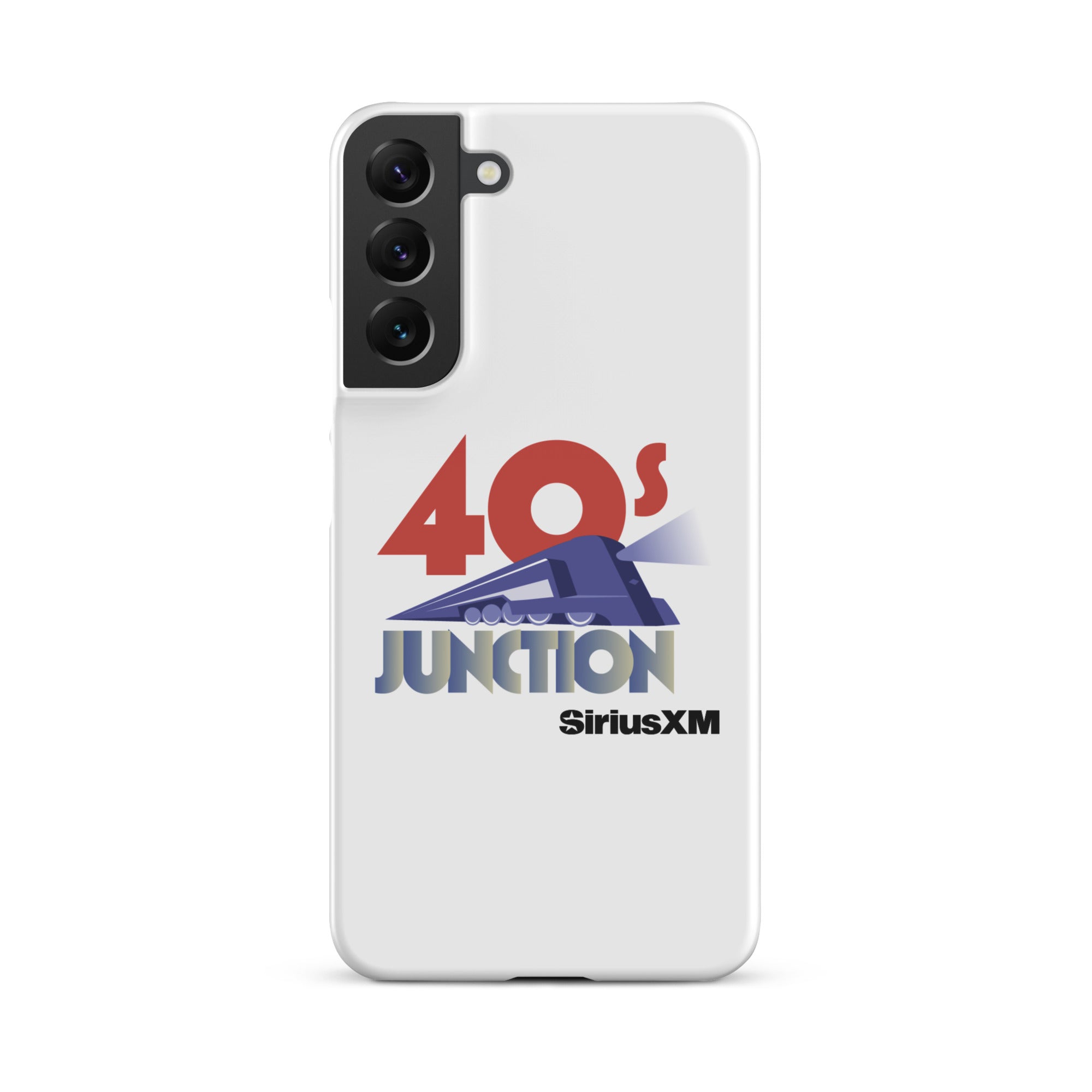 White phone case featuring a design with '40s Junction' and a train graphic, branded with 'SiriusXM.'